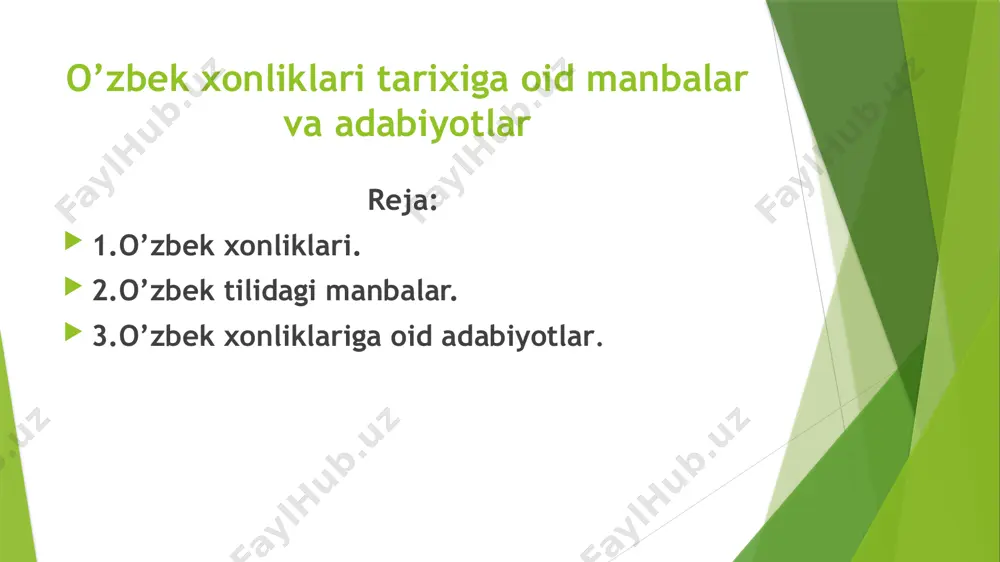 boniyxon bir necha yillik kurashlar natijasida movarounnahrda yangi o‘zbek davlatiga asos soladi. bu saltanat dastlab shayboniylar davlati deb ataladi. 2.o’zbek tilidagi manbalar yusuf xos xojib bolasog‘uniyning ”qutadg‘u bilik” (“saodatga yo‘llovchi bilim”) nomli asari 1069-1079 yillarda yozilgan bu asar doston xarakteridagi badiiy asar bo‘lsa ham, unda davlatni boshqarishga oid qimmatli fikrlar bayon qilingan va qoraxoniylar davri madaniyatini o‘rganishda muhim manbadir. undagi “idora odobi”, “qudratli davlat qonunlari”, “podshohlarga maslahatlar” kabi boblar katta tarixiy ahamiyatga ega. “temur tuzuklari”, “tuzukoti temuriy”, “malfuzoti temuriy” yoki “voqeoti temuriy” nomlari bilan atalgan asar amir temurning etti yoshligidan boshlab hayot yo‘li haqida hikoya qiladi. “temur tuzuklari”- muhim tarixiy manba bo‘lib, unda amir temur davlatining tuzilishi va boshqarish xususiyatlari bayon etilgan. asar dastlab turkiy-o‘zbek tilida bitilgan. uning bir qo‘lyozmasi yaman mamlakati oliy hukmdori ja’far podshoh kutubxonasida saqlangan. “tavorixi guzida, nusratnoma” (“saylanma solnomalar, g‘alabalar kitobi”) nomli tarixiy asar xvi asrda yaratilgan yozma obidadir. ushbu asar muallifining nomi ishonarli va qat’iy …