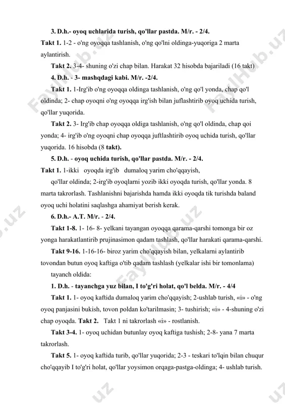 yoqqa oldiga tashlanish, o'ng qo'l oldinda, chap qoi yonda; 4- irg'ib o'ng oyoqni chap oyoqqa juftlashtirib oyoq uchida turish, qo'llar yuqorida. 16 hisobda (8 takt). 5. d.h. - oyoq uchida turish, qo'llar pastda. m/r. - 2/4. takt 1. 1-ikki oyoqda irg'ib dumaloq yarim cho'qqayish, qo'llar oldinda; 2-irg'ib oyoqlarni yozib ikki oyoqda turish, qo'llar yonda. 8 marta takrorlash. tashlanishni bajarishda hamda ikki oyoqda tik turishda baland oyoq uchi holatini saqlashga ahamiyat berish kerak. 6. d.h.- a.t. m/r. - 2/4. takt 1-8. 1- 16- 8- yelkani tayangan oyoqqa qarama-qarshi tomonga bir oz yonga harakatlantirib prujinasimon qadam tashlash, qo'llar harakati qarama-qarshi. takt 9-16. 1-16-16- biroz yarim cho'qqayish bilan, yelkalarni aylantirib tovondan butun oyoq kaftiga o'tib qadam tashlash (yelkalar ishi bir tomonlama) tayanch oldida: 1. d.h. - tayanchga yuz bilan, i to'g'ri holat, qo'l belda. m/r. - 4/4 takt 1. 1- oyoq kaftida dumaloq yarim cho'qqayish; 2-ushlab turish, «i» - o'ng oyoq panjasini bukish, …
