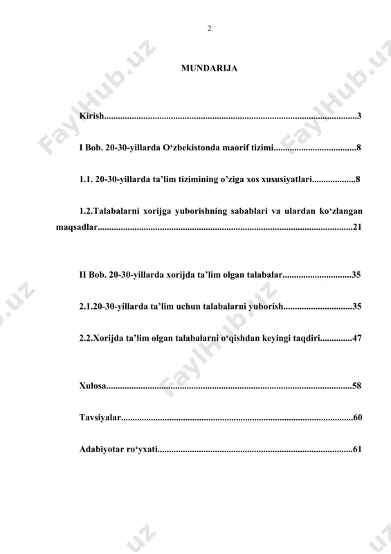 yillarning birinchi yarmida xorijga 300 ga yaqin talabalar yuborildi. ammo bu davrda amalga oshirilgan ishlar, maqsad va rejalar, talabalrining hayoti va shu kabi masalalar to‘laligicha o‘rganilmagan. bu boradagi ahvol yaqin o‘tmish bo‘lgan sovet davrida u qanday ekani, o‘zbekistondan xorijga talaba va mutaxassislar yuborilgani, qay maqsadlarda yuborilgan, ularning keyingi hayot va faoliyatlari, qismatlari qanday kechgani borasida tarixchi olimlar oldida talay ishlar turibdi. sovet davri tarixiga nazar tashlasak yaqin o’tmish tariximiz buzib ko’rsatildi. zero islom karimov ta’kidlaganidek, “...xalqnming juda boy tarixi va madaniyatini, o’lkaning o’ziga xos noyob xususiyatlarini bilmagan va bilishni ham istamagan bu odamlar respublika hayotini bosib-yanchib, qing’ir o’zanga solishga kirishdilar”1. respublikamizning 20-30-yillardagi xalqaro ilmiy va madaniy aloqalari tarixini, ayniqsa, shu yillarda xorijga o‘qishga yuborilgan talabalarimiz taqdirini o‘rganish nihoyatda muhimdir. sovet davrida bu haqdagi tarixiy haqiqatni bilish mumkin bo‘lmaganidek uni o‘rganish ham rag‘batlantirilmagan. bolsheviklar hukmronlik qilgan yillarda xalqimiz tashqi dunyodan bugunlay o‘zib qo‘yilgan, binobarin, o‘zbekistonlik yoshlarning xorijiy mamlakatlarda tahsil olib kelishi …