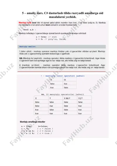 c# dasturlash tilida razryadli amallarga oid masalalar — DOC
