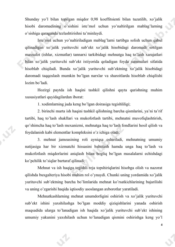 ’lash shakllari va mukofotlash tartibi, mehnatni muvofiqlashtirish, qo’shimcha haq to’lash mexanizmi, mehnatga haq to’lash fondlarini hosil qilish va foydalanish kabi elementlar kompleksini o’z ichiga oladi; 3. mehnat jamoasining roli ayniqsa oshiriladi, mehnatning umumiy natijasiga har bir xizmatchi hissasini baholash hamda unga haq to’lash va mukofotlash miqdorlarini aniqlash bilan bogliq bo’lgan masalalarni echishdagi ko’pchilik to’siqlar bartaraf qilinadi; mehnat va ish haqiga tegishli reja topshiriqlarini hisobga olish va nazorat qilishda buxgalteriya hisobi muhim rol o’ynaydi. chunki uning yordamida xo’jalik yurituvchi sub’ektning barcha bo’limlarida mehnat ko’rsatkichlarining bajarilishi va uning o’zgarishi haqida iqtisodiy asoslangan axborotlar yaratiladi. mehnatkashlarning mehnat unumdorligini oshirish va xo’jalik yurituvchi sub’ekt ishini yaxshilashga bo’lgan moddiy qiziqishlarini yanada oshirish maqsadida ularga to’lanadigan ish haqida xo’jalik yurituvchi sub’ekt ishining umumiy yakunini yaxshilash uchun to’lanadigan qismini oshirishga keng yo’l ochib berilmoqda. shuning uchun sanoat xo’jalik yurituvchi sub’ektlaridagi buxgalteriya hisobining eng muhim vazifalaridan biri mehnat o’lchovi va unga haq to’lash ustidan nazorat qilib turishdir. buxgalteriya …