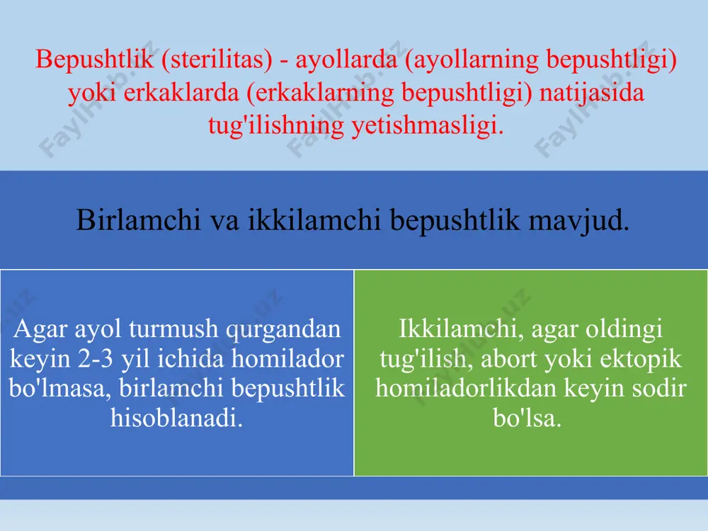 arning yetilmay qolishi — infantilizm sabab boʻlishi mumkin. yalligʻlanish tufayli bachadon naylarining bitib qolishi, teshigining juda torayib ketishi sababli ayol tuxum hujayrasi erkak jinsiy hujayrasi (spermatozoid) bilan uchrasha va urug'lana olmaydi yoki urug'langan tuxum hujayraning bachadonga o'tishi qiyinlashadi. bepushtlikda er va xotin tibbiy koʻrikdan oʻtkaziladi. sperma sifati analizatorlari erkaklarning bepushtligi bo'yicha tadqiqotlar birinchi bosqich - jinsiy yoki funktsional disfunktsiyani istisno qilishdir. ikkinchi bosqich - sperma tahlilini buyurish. mavjud spermani tahlil qilish usullari 70 yildan ortiq vaqt davomida sperma namunasining mikroskopiyasi tadqiqot usuli sifatida ishlatilgan: harakatlanish va morfologiya bo'yicha hisoblash va tasniflashni o'z ichiga oladi. maxsus o'qitilgan va tajribali xodimlar talab qilinadi. yuqori subyektiv usul. natijalarning past takrorlanishi. tadqiqot uchun materiallar to'plami eyakulyatsiyani yig'ish uchun tavsiya etiladigan plastik va steril idishlar sperma tahlili zamonaviy usullari medical electronic system ltd tomonidan ishlab chiqarilgan yangi avtomatlashtirilgan sperma sifati analizatorlari. (isroil) sperma sifatini tez va aniq tahlil qilish imkonini beradi: keng qamrovli laboratoriya diagnostikasi: …