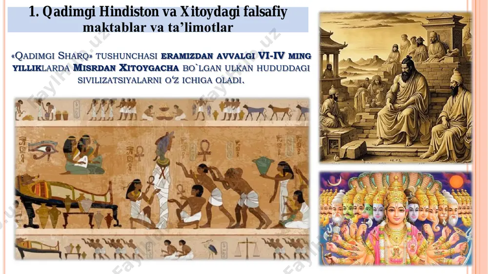 afa uchun birinchi ahamiyatli bo`lgan matnlardan tashkil topgan. upanishadalarda barcha narsalarning birligiga, kosmologik mavzularga, hodisalarning sabab-oqibatli bog‘lanishlariga bag‘ishlangan g‘oyalar keng o`rin olgan. keyinchalik bu vedalarni turlicha tushunish asosida ularni turlicha talqin etuvchi falsafiy maktablar vujudga keladi. bu maktablar o‗z g‗oyaviy yo‗nalishlariga ko‗ra ikki oqimni, ya‘ni astika (sanskrit. - u bor) va nastika (sanskrit. - u yo‘q) kabilarni tashkil etgan. vedalar  rigveda - qasida, madhiya, duolar toʻplami,  -,  -,  - qurbonlik qilish yoʻllari yajurveda axtarvaveda rigveda samaveda iltijo qo`shiqlari qasida, madhiya, duolar toʻplami qoʻshiqlar toʻplami hind falsafiy sistemalarini odatda veda g‘oyalari, an’analariga bo‘lgan munosabatiga ko‘ra ikki guruhga bo`lamiz: vedalar avtoritetini tan olmaydigan ta’limotlar qatoriga lokayata, buddizm va jaynizm kiradi. nastika (sanskrit. - u yo„q) astika (sanskrit. - u bor) astikaga vedalar avtoritetini e’tirof etadigan, ortodoksal, mumtoz sistemalar – vedanta, nyaya, vaysheshika, yoga, mimansa va sankxyalar mansub bu ta‘limotning negizida 4 haqiqat g‗oyasi turadi: 1. insonning tug„ilishidan to …