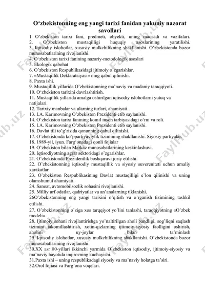oʻzbekistonning eng yangi tarixi fanidan yakuniy nazorat savollari — DOC