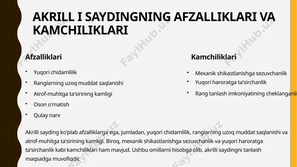ga bardoshliligini tekshiriladi. 10 ishlab chiqarishda yuzaga keladigan muammolar va ularni bartaraf etish yo'llari rangning notekisligi pigmentlarning noto'g'ri aralashtirilishi yoki sifatsiz pigmentlar ishlatilishi. bartaraf etish: pigmentlarni to'g'ri aralashtirish va sifatli pigmentlar ishlatish. profilning deformatsiyasi sovutish jarayonining noto'g'ri tashkil etilishi yoki uskunaning noto'g'ri sozlanishi. bartaraf etish: sovutish jarayonini to'g'ri tashkil etish va uskunani to'g'ri sozlash. ishlab chiqarishda rangning notekisligi, profilning deformatsiyasi va boshqa muammolar yuzaga kelishi mumkin. rangning notekisligi pigmentlarning noto'g'ri aralashtirilishi yoki sifatsiz pigmentlar ishlatilishi natijasida yuzaga keladi. profilning deformatsiyasi sovutish jarayonining noto'g'ri tashkil etilishi yoki uskunaning noto'g'ri sozlanishi natijasida yuzaga keladi. muammolarni bartaraf etish uchun to'g'ri aralashtirish, sifatli pigmentlar ishlatish va sovutish jarayonini to'g'ri tashkil etish lozim. akrilli saydingning asosiy xossalari akril sayding – binolarni tashqi bezash va himoya qilish uchun ishlatiladigan zamonaviy qoplama materiali bo‘lib, vinil saydingning takomillashtirilgan shaklidir. quyida uning asosiy xususiyatlari keltirilgan: 1. ishlab chiqarish tarixi va rivojlanishi: akril sayding vinil saydingdan keyinroq paydo bo‘lib, vinil …