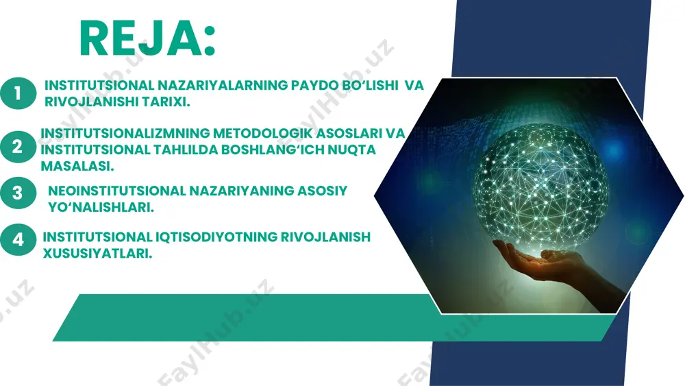 i qismni esa neoklassikaning “yangi” tamoyillari tashkil etadi. ilmiy iqtisodiy nazariyalar shakllanishi xvii asrda yevropada dastlab vilyam petti, buagilber, keyinroq esa, adam smit va divid rikardolarning klassik iqtisodiy ta’limotlari bilan tavsiflanadi. “eski” tamoyillar “qat’iy negiz” bo‘lsa, “yangi” tamoyillar neoklassikaning “himoya qobig‘i”ni tashkil etadi. klassik nazariyaning rivojlanishida kuzatiladigan istalgan qoida tuzatishlar va aniqlashtirishlar jarayonida “eski tamoyillar”ni tashkil qiluvchi fikrlar o‘zgarishsiz qolishini nazarda tutadi. ular tadqiqot paradigmasi, nazariyani izchil qabul qiluvchi har qanday tadqiqotchining tanqidi qanchalik keskin bo‘lmasin, “eski” tamoyillardan voz kechilmaydi. aksincha, nazariyaning rivojlanishiga qarab uning tadqiqot predmetiga “yangi tamoyil”ni tashkil qiluvchi qarashlarga doimiy tuzatishlar, yangi unsurlar kiritiladi. “eski” institutsionalizm nazariyasining mohiyatini yanada to‘liqroq ko‘rib chiqamiz. mashinali ishlab chiqarishning paydo bo‘lishini tahlil qilishda kapitalist bilan yollanma ishchi o‘rtasidagi munosabatlar tizimi mehnat taqsimoti qabul qiladigan quyidagi tashkiliy shakllar orqali ularning o‘zaro ta’siriga e’tibor qaratildi: tabiiy mehnat taqsimoti → kooperatsiya → manufaktura va mutlaq qo‘shimcha qiymatni shakllantirish → xususiy ishchining paydo bo‘lishi → …