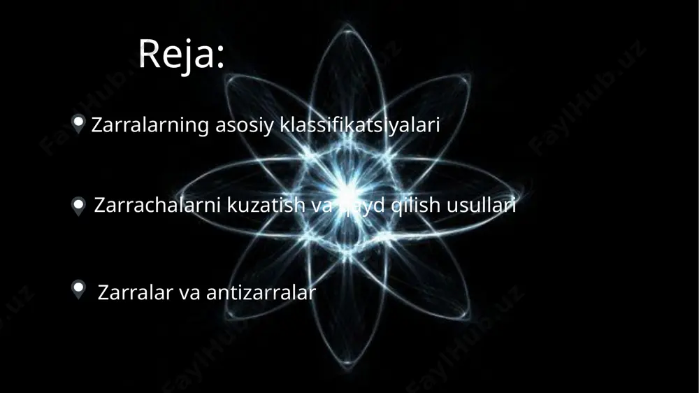 eytronning massasi protonning massasiga juda yaqin. bu uchta zarra (elektron, proton va neytron) atom tuzilishida qatnashadi. hozirgi paytda maʼlumki, boʻlinmas elementar zarracha hisoblangan proton va neytron murakkab tarkibiy tuzilishga ega. add your words here, according to your need to draw the text box size. please read the instructions and more work at the end of the manual template. dalton 1900-yilda m. plank mutlaq qora jism nurlanishi energiyasidan kvantlangan deb foton tushunchasiga asos soldi. keyinchalik a. eynshteyn elektromagnit nurlanish fotonlar tarzida yuz berib, muhitda tarqaladi va yutiladi deb fotonning hozirgi zamon tushunchasini yaratdi. fotonlarning mavjudligi r.milliken (1912—15) va r.r. kompton (1922) oʻtkazgan tajribalarda tasdiqlandi. fotonlar . bu guruh faqat bitta zarra- elektromagnit nurlanish kvanti fotondan iborat . leptonlar . leptonlar ( " leptos " yunoncha yengil ma'nosini anglatadi ) elektromagnit a kuchsiz ta'sirlarda ishtirok etadi . leptonlarga elektron , myuon tay neytrinosi , elektron , myuon , tay - lepton va …