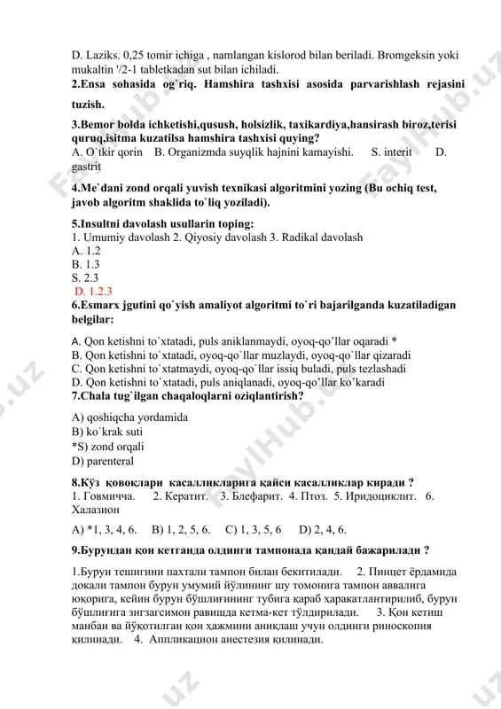 shgan 7.teri turgorligi past a.1.2.4.7 b.2.3.4.5 s.1.2.4.5 d.2.3.5.7. e.1.4.5.6 11.qariyalarda gipertoniya krizida qanday yordam korsatiladi? a. * jismonan va ruhiy osoyishtalik. oyoq qullarga issiq vanna . bosh soxasiga sovuq kompress. magniy sulfat. 25% li 5-10 ml muskul orasiga, tomir ichiga yuboriladi laziks. 0,25 g tomir ichiga 15 ml fiziologik eritma bilan asta-sekin yuboriladi. dibazol. 1% li 4-6-10 ml tomir ichiga yuboriladi yoki 5 ml eritmasi muskul orasiga yuboriladi. aminazin. 2,5% li eritmasi 1-5 ml dan muskullar orasiga inyeksiya qilinadi. b. qatiy yotish tartibi. nitrogliserin -1tabletkadan til tagiga tashlanadi, xar 5-minutda 3-martagacha. dimedrol 1% li eritmasi 1-5 ml miqdordagi eritmasi muskullar orasiga va tomir ichiga yuboriladi. analgin 50% -2 ml muskullar orasiga papaverin gidroxlorid 2%-1-2 ml aspirin 1tabletka ichishga c . tinchlik.. dibazol. 1% li 4-6-10 ml tomir ichiga yuboriladi yoki 5 ml eritmasi muskul orasiga yuboriladi. aminazin. 2,5% li eritmasi 1-5 ml dan muskullar orasiga inyeksiya qilinadi. d. magniy sulfat. …