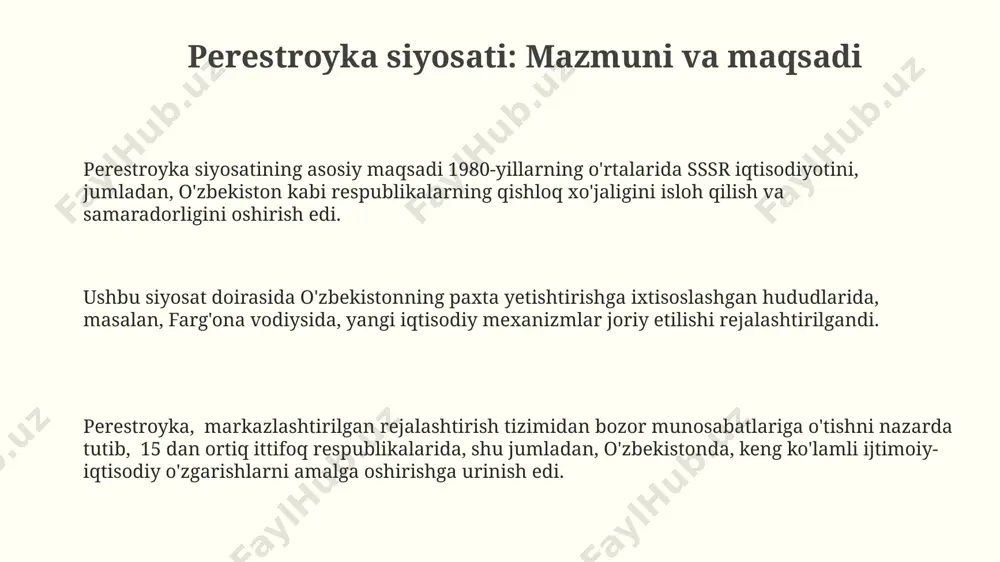 sodiy ahvolining keskin yomonlashuviga olib keldi. fergana vodiysida 1989-yilda ro'y bergan etnik to'qnashuvlar iqtisodiy inqirozning ortidan kelib chiqqan oziq-ovqat tanqisligi va ishsizlik kabi omillar bilan bog'liq bo'lib, minglab odamlarni ko'chirishga olib keldi. fergana vodiysidagi millatlararo munosabatlar vodiyda yashovchi turli millat vakillari o'rtasidagi iqtisodiy tengsizlik va resurslar uchun raqobat, perestroyka davrida kuchayib, 1989 yildagi qonli voqealarga sabab bo'ldi. fergana vodiysidagi qishloq xo'jaligiga oid yer egaligi masalalari va suv resurslariga bo'lgan kirish imkoniyatlarining notekis taqsimlanishi, millatlararo ziddiyatlarni kuchaytirdi. fergana vodiysida 1989-yilda ro'y bergan o'zbekiston va qirg'iziston chegarasidagi qarama-qarshiliklar, etnik to'qnashuvlar va 1000 dan ortiq odamning halok bo'lishiga olib keldi. e'tiboringiz uchun rahmat @taqdimot_robot