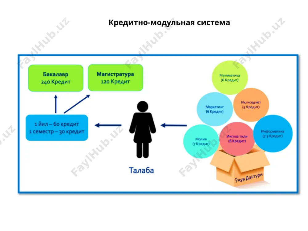знакомиться с программами учебных предметов, видами учебных занятий, графиком консультаций индивидуальный план каждого студента согласовывается с деканом факультета и передается в управление образованием если студент не утверждает свой индивидуальный план, он имеет право заниматься по типовому плану рабочий план утверждается проректором по академической части план хранится у проректора, в учебно-методическом отделе и в деканате разработка программы (syllabus) по модулям наименование модулей список академических достижений, ожидаемых от освоения предметов роль модуля в образовательной программе академические и астрономические часы, объем предмета указывается в кредитных единицах структурированное содержание модуля перечень учебно-методических принадлежностей, предназначенных для самостоятельной работы список основной и дополнительной литературы список рекомендуемых электронных ресурсов методические указания список используемых ит, программного обеспечения и информационно-поисковых систем описание необходимой материально-технической базы программы по модулям (syllabus) должны охватывать деканат факультета определяет минимальное количество студентов, необходимое для преподавания предмета, и максимальное количество студентов в учебном потоке (группе) для преподавателя если количество студентов, изъявивших желание изучать предмет в …