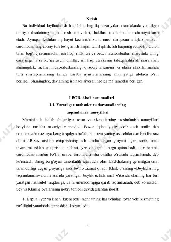 nidan yaratilgan qo'shilgan mehnat unumdorligining kamayib borish qonuni turli omillaming bir-biriga mosligi ta’minlanmagan, xarajatlar oshirib borilgan hamda ilmiy-texnika taraqqiyoti mutlaqo to'xtab qolgan davrga mos kelib, hozirgi zamon rivojlangan bozor iqtisodiyoti sharoitiga to'g'ri kelmaydi. 3. sey va klark aytganlaridek, hozirgi davrda yaratilgan milliy mahsulotning hammasi bu uchala omilning miqdori va unumdorligiga qarab taqsimlanmaydi, balki uning amortizatsiya ajratmalari, markazlashgan fondlar tashkil qilingandan qolgan qismi shu omillarga qarab uning egalari o'rtasida taqsimlanadi. shuningdek boshqa oqim vakillari lassalchilar mehnat hamma boylikning va madaniyatning manbaidir, shuning uchun hamma daromad jamiyat a’zolari o'rtasida teng taqsimlanishi zarur, deb ko'rsatadilar. lassalchilar, birinchidan, boylik faqatgina mehnatning natijasi bo'lmasdan, uni yaratishda yer va tabiiy resurslar hamda kapital qatnashishini, ya’ni uning nafliligi har uchala omil natijasi ekanligini unutdilar. ikkinchidan, ularning yaratilgan mahsulotni barcha jamiyat a’zolari o'rtasida teng taqsimlash zarur degan g'oyalari mutlaqo noto'g'ri bo'lib, bunday holatda mahsulotni ko'paytirishga ishlab chiqaruvchilar o'rtasida hech qanday qiziqish bo‘lmasligi o‘z-o‘zidan tushunarlidir. mana shu yuqoridagi aytilgan …