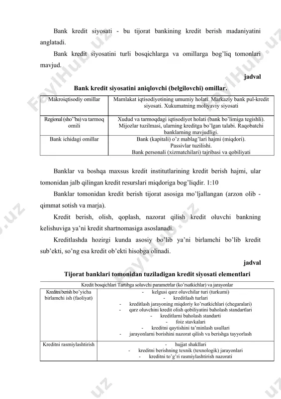 yicha (potentsiali) markaziy bankning iqtisodiy normativlariga bog’liqdir (n1 – kapital etarligi, bank likvidligi, majburiy zaxira miqdori, qayta moliyalashtrish stavkasi va boshqalar). kreditlash tizimi kreditning eski tan olingan tamoyillariga – muddatlik, qaytarib berish, to’lovlilik va ta’minotga asoslanadi. kredit hujjatlari yig’majildini tashkil qilish. kredit shartnomasi kuchga kirgandan so’ng keyingi bank ish kunidan kechiktirmasdan bank rahbari yoki rahbar tomonidan vakolat berilgan shaxs tomonidan beriladigan kreditning muddati, miqdori va foiz stavkasi ko’rsatilgan holda, mijoz uchun ssuda hisobvarag’i ochish to’g’risida buxgalteriyaga berilgan farmoyishga asosan shu ish kunidan kechiktirmasdan mijozga ssuda hisobvarag’i ochiladi. har bir berilgan kreditga unga xizmat ko’rsatuvchi kredit xodimi tomonidan qarzdorlik to’la so’ndirilgunga qadar kredit ishini umumlashtiruvchi mijozning ssuda kartochkasi ochiladi va yuritiladi. kredit yig’majildi birlamchi taqdim etilgan hujjatlardan tashqari o’z ichiga quyidagi hujjatlarni oladi: a) shaxsning qarz oluvchi nomidan kredit shartnomasi va kreditlash bilan bog’liq boshqa hujjatlarni imzolash huquqini tasdiqlovchi hujjatlar; b) garov ta’minotini baholash dalolatnomasi; v) kreditdan maqsadli foydalanishi haqida bank …