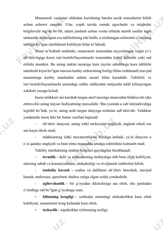 lliy va xorijiy oavda ta’limga doir munosabatlariga oid; - maxsus tematik adabiyotlarga oid va b. kurinib turibdiki, tahlil avvalam bor axborotning sifat va mazmundorligini ta’minlashni takozo etadi. shu bois, bu jarayonda ilmiy (yangi bilimni ishlab chikarish) va boshqaruv (qarorlar, ssenariylar variantlarini ishlab chikish) funksional kesishadigan nukta hisoblanadi. tizimli tahlil tizimida funksional kesishuv (o’zaro alokadorlik) xarakterini quyidagicha ta’riflash mumkin: bir tomondan, ilm-fan va axborot taulili bu bilishni va votse’likni ilmiy taulilining axborotli usulidir.ammo ular orasida farklar xam bor. shu bois, dalil va vokealar haqida baxsni amalga oshiradi, ularni rivojlanish istikbolini nafakat umumlashtirilgan tipik parametrlar, balki bir kator kushimcha omillar bilan belgilashni takozo etadi. aslida, ma’lumotlarni semantik kayta ishlash jarayonini mustakil bosqichlarga nisbatan ketma-ketlik shaklida kursatish mumkin. kuyida, tizimli tahlil uchun makbul bo’lgan harakatlarning ketma ketligini turli bosqichlar asosida amalga oshirishining nazariy modelini texnologiya tarzida 2 - chizmada takdim etamiz. bunda, ya’ni tizimli tahlilni amalga oshirishda tadqiqot usuli, aniqrogi tizimli tahlil usuli …
