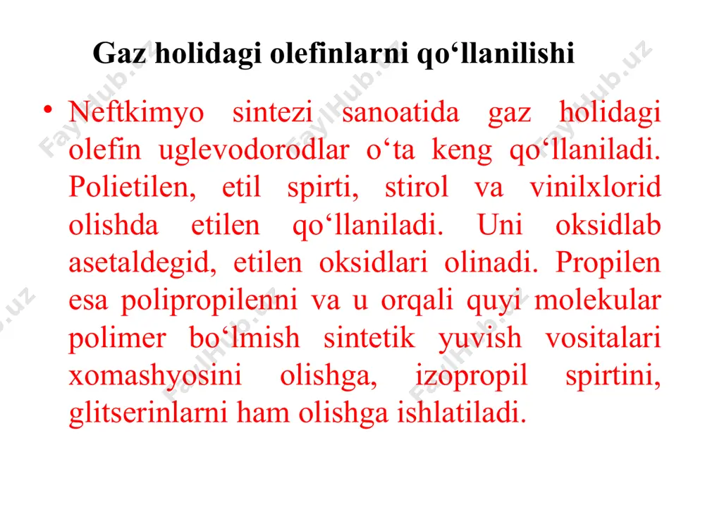li usullar bilan). 3. piroliz jarayoni c4 fraksiyasidan ajratib olish. butadien ishlab chiqarish hajmlari 11-jadvalda keltirilgan. butadien ishlab chiqarish hajmlari butadienni etil spirtidan olish butadienni etil spirtidan olish s.v.lebedev tomonidan ishlab chiqilgan (rossiya). hozirgi paytda ushbu usul bilan 25% ga yaqin butadien olinadi. ushbu usul yetarli darajada mukammal ishlab chiqilgan. reaksiya quyidagi tenglama orqali berilishi mumkin: reaksiya murakkab yo’l bilan boradi, butadien bilan birga 30% gacha yonaki mahsulotlar (butilenlar, propilen, etilen, vodorod) hosil bo‘ladi. rektifikatsiya orqali butadien 90-93% konsentratsiyada ajratib olinadi. butanni degidrirlash butandan butadien olish - eng keng tarqalgan usuldir. hamdo‘stiik mamlakatlarida butanni ikki bosqichli degidrirlash jarayonida olingan butadienning tannarxi 8% ga, nisbiy kapital xarajatlar 70% ga butadienni etil spirtidan olish usulidagi mos ko‘rsatkichlarga nisbatan pastdir. sanoatda butadienni c4 uglevodorodlaridan olishning 2 usuli qo‘llaniladi: 1. butanni ikki bosqichli degidrirlash. 2. butanni bir bosqichli degidrirlash (gudri metodi) xorijda qo‘llaniladi. butanni ikki bosqichli degidrirlash butanni ikki bosqichli degidrirlash yo‘li bilan butadien …