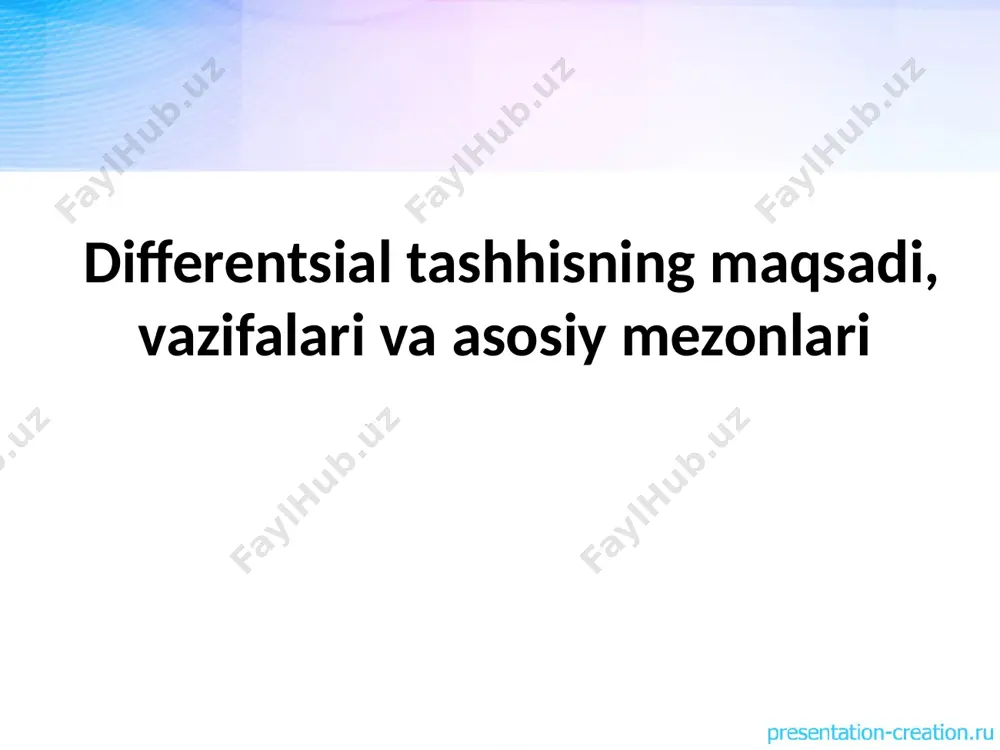 lini aniqlash; disontogenetik (buzilgan rivojlanish belgilari) va o'zaro bog'liqlikni aniqlash ensefalopatik (miya tuzilmalariga zarar) buzilishlar; ko'rish, eshitish, tayanch apparat tizimi buzilishlarida psixik rivojlanish buzilishlarining xususiyatlarini baholash; bolaning aqliy, nutqiy va hissiy rivojlanishidagi buzilishlar darajasi va xususiyatini aniqlash; pedagogik prognozni aniqlash va asoslash. bolalarning diagnostika vazifalarini bajarishini baholash mezonlari mualliflar parametrlar s. d. zabramnaya 1) bolaning tekshiruv jarayoniga nisbatan hissiy munosabati 2) topshiriqning maqsadi va maqsadini tushunish 3) faoliyat thususiyatlari 4) ish natijasiga munosabat in va. lubovskiy, i.a. korobeinikov 1) affektiv - shaxsiy soha xususiyatlari 2) ishlash qobiliyati xususiyatlari 3) faoliyatning umumiy xususiyatlari 4) intellektual – mnestik faoliyatning xususiy ko'rsatkichlari n. ya. semago, m.m. semago 1) xulqning adekvatligi 2) o’ziga nisbatan tanqidiylik 3) bilish faoliyati in va. lubovskiy 1) birlamchi nuqson bilan bog'liq asosiy kamchiliklarni aniqlash 2) nutqni rivojlanish holati 3) fikrlash faoliyati 4) o’zlashtirish qobiliyati u usanova 1) vazifani qabul qilish 2) ko'rsatmalarni tushunish 3) vazifalarni mustaqil ravishda bajarish hamda …