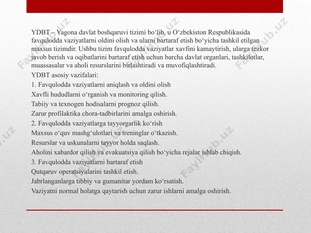 ‘yicha tashkiliy chora-tadbirlar to‘g‘risida” 2019-yil 10-apreldagi pq-4276-son qaroriga muvofiq o‘zbekiston respublikasi favqulodda vaziyatlar vazirligi tizimiga o‘zbekiston respublikasi ichki ishlar vazirligidan o‘tkazilgan yong‘in xavfsizligi bosh boshqarmasining yong‘in xavfsizligini ilmiy-texnik ta’minlash markazi hamda yong‘in xavfsizligi institutining yong‘in xavfsizligi masalalari bo‘yicha fundamental va amaliy tadqiqotlar markazi negizida o‘zbekiston respublikasi favqulodda vaziyatlar vazirligining yong‘in xavfsizligi va favqulodda vaziyatlar muammolari ilmiy-tadqiqot instituti tashkil qilingan. oʻzbekiston respublikasi favqulodda vaziyatlar vazirligi maqsadi- favqulodda vaziyatlarni bartaraf etish ishga tushgan sanasi 4-mart, 1996-yil .vazir- general-mayor abdulla qoʻldoshev favqulodda vaziyatlarning oldini olish — oldindan o‘tkaziladigan hamda favqulodda vaziyatlar ro‘y berishi xavfini imkon qadar kamaytirishga, bunday vaziyatlar ro‘y bergan taqdirda esa — odamlarning hayotini asrab qolishga va sog‘lig‘ini saqlashga, atrof tabiiy muhitga yetkaziladigan zarar va moddiy talafotlar miqdorlarini kamaytirishga qaratilgan tadbirlar majmui; fvdtning asosiy maqsadi va vazifalari . fvdtning asosiy maqsadi favqulodda vaziyatlardan muhofaza qilish sohasida vakolatlarga ega bo‘lgan yoki ushbu sohada majburiyatlar yuklangan respublika va mahalliy ijro etuvchi hokimiyat organlari …