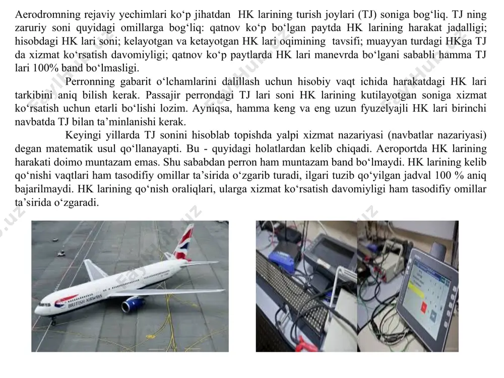 o‘lgan aerodromlarda); uqt lari orasida (tasmalari bitta yoki bir nechta, lekin bir-biridan kamida 1 km olis bo‘lgan aerodromlarda). bitta uqt li aerodromlarda hk ni rullash yo‘lini kamaytirish maqsadida perron va tj ni uqt bo‘ylab, uzunasiga joylashtiriladi. ekspluatatsiya amaliyotida ko‘rinishicha, perronlar va saqlash tj larini bir-biriga yaqin qurish maqsadga muvofiq. perron va tj larni bir-biridan ayricha joylashning qator kamchiligi bor. bulardan asosiysi - qoplama yuzasidan unumli foydalanilmaydi. kunduzgi harakat jadalligi katta, perrondagi tj lar band, saqlash tj lari esa bekor yotadi. tungi soatlarda perron bo‘shab qoladi va hk lari tj larda to‘planadi. shu tarzda sutka davomida perron yoki tj larning qandaydir qismi doim bekor yotadi. perronlarni loyihalaganda yoki aerovokzalga yaqin (binosiga tutash), yoki undan uzoqroq joylashtiriladi. keyingi holatda passajirlar tj ga maxsus avtotransport bilan tashiladi. passajirlarni hk ga o‘tkazishni tashkil etishga qarab, perronlar bir pog‘onali va ikki pog‘onali bo‘ladi. birinchisida passajirlar perron sathida yurib chiqadilar. ikkinchisida passajirlarning yurib chiqishi va hk …