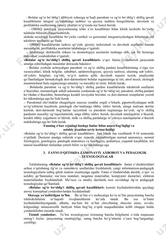 lari, klinik belgilar, sabablari, epidemiologiyasi, qiyosiy tashxisi, ularning sub’yektiv, ob’yektiv belgilari, yig‘ishi, to‘g‘ri tashxis qilib, davolash rejasini tuzish, amaliyotda qo‘llaniladigan farmakologik dori-darmonlarni bolalar organizmiga ta’siri, atrof muxit, ekologik muammolarni bola organizmiga umumiy va maxalliy ta’sirini bilishi kerak; - bolalarda parodont va og‘iz bo‘shlig‘i shilliq pardasi kasalliklarida tekshirish usullarini o‘tkazishni, stomatologik asbob uskunalar yordamida og‘iz bo‘shlig‘ini, parodont, shilliq pardani ko‘rikdan o‘tkazishni, bemorlarga kerakli tavsiyalar berishni va dori-darmon reseptlarini yozish ko‘nikmalariga ega bo‘lishi kerak .- parodontal cho‘ntaklar chuqurligini maxsus zondlar orqali o‘lchash, gipertrofiyalangan milk so‘rg‘ichlarini kuydirish, patologik cho‘ntaklarga tibbiy ishlov berish, ularga malxam dorilar kiritish, dori-darmonli bog‘lamlar tayyorlash va parodont tuqimasiga ko‘yish, og‘iz shilliq pardasini maxalliy og‘riqsizlantirish, unga tibbiy ishlov berish, davolash muolajalrini o‘tkazish, kerakli tibbiy xujjatlarni to‘ldirish, milk va shilliq pardalarga in’yeksiya muolajalarini o‘tkazish malakalariga ega bo‘lishi kerak fanning o‘kuv rejadagi boshqa fanlar bilan uzaro bog‘liqligi va uslubiy jixatdan uzviy ketma-ketligi «bolalar og‘iz bo‘shlig‘i shilliq qavati kasalliklari» fani klinik fan xisoblanib …