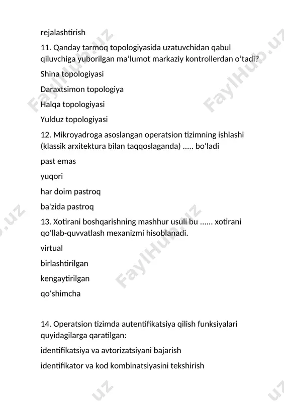 tira o‘rtasidagi ma'lumotlar almashinadigan eng kichik manzil birligi nima? sektor yo‘lak klaster silindr 30. dns-dagi ma'lumotlarni saqlash va uzatish birligi nimadan iborat va nomning ma'lum xizmat ma'lumotlariga muvofiqligi to‘g‘risidagi ma'lumotlarni o‘z ichiga oladi? yozuv a ptr yozuvi dns yozuvi resurs yozuvi 31. qaysi operatsion tizim linux oilasiga tegishli? solaris ubuntu windows macos 32. operatsion tizimda kirish/chiqish xatoligi yuzaga kelganda ishga tushirilgan jarayon holati qanday o’zgaradi? running dan hold ga running dan finished ga running dan ready ga running dan waiting ga 33. quyidagi qaysi komponentlar tarmoq xizmatlari bilan bog‘liq? dns, dhcp xizmatlari aktiv tarmoq qurilmalari tarmoq protokollari kabel tizimi 34. xotira bo‘linishi (fragmenatsiya) - bu ....... juda katta o‘lchamdagi oz sonli qo‘shni bo‘lgan xotira maydonlarining yig‘indisi juda katta o‘lchamdagi ko‘p sonli qo‘shni bo‘lgan xotira maydonlarining mavjudligi juda kichik o‘lchamdagi ko‘p sonli qo‘shni bo‘lmagan bo‘sh xotira maydonlarining mavjudligi juda kichik o‘lchamdagi oz sonli qo‘shni bo‘lmagan bo‘sh xotira qismlariga ega bo‘lish 35. …