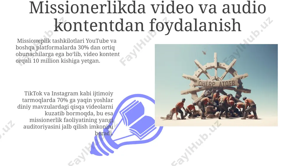 li javob berish imkoniyatini beradi. ijtimoiy tarmoqlar orqali missionerlik influencer marketing strategiyasi orqali, missionerlar 5000 dan ortiq obunachiga ega bo'lgan ta'sirchan shaxslar bilan hamkorlik qilib, xabarlarning yetkazilishini kengaytirmoqdalar. ijtimoiy tarmoqlarda missionerlik faoliyati 2010-yillardan boshlab keskin oshdi, facebook, instagram va youtube kabi platformalardan foydalanib, 100 milliondan ortiq odamga etib borishga muvaffaq bo'lishdi. virtual voqea va missionerlik missionerlar virtual voqealar orqali o'rtacha 1500 dan ortiq kishiga, an'anaviy usullarga nisbatan 10 baravar ko'p auditoriyaga, bir vaqtning o'zida ma'lumot yetkazish imkoniyatiga ega bo'lishdi. virtual voqeaga asoslangan missionerlik, 2023-yilda dunyo bo'ylab 500 million dan ortiq odamga yetib borishni maqsad qilgan, yangi texnologiyalardan foydalangan holda global miqyosda tarqalishni ta'minlaydi. onlayn targ'ibot vositalari 01 02 onlayn targ'ibotda 2023 yilda 50 milliondan ortiq foydalanuvchiga ega bo'lgan ijtimoiy tarmoqlar va messenjerlardan samarali foydalanish muhim ahamiyatga ega. sales 1st qtr 2nd qtr 100 0 sales 1st qtr 2nd qtr 100 0 zamonaviy missionerlik targ'ibotida axborot xavfsizligi zamonaviy missionerlik targ'ibotida shaxsiy …