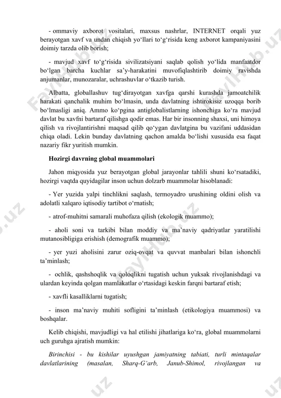 qator mintaqalarga kiritilayotgan sarmoya va texnologiya uchun davlat suverenitetining bir qismidan voz kechishga ham majbur bo‘linadi. buning oqibatlari esa ko‘pdan ko‘p salbiy jihatlarni keltirib chiqarmasligi mumkin emas. mazmuniga ko ‘ ra amerikacha madaniyatni ifodalagan bu jarayon, albatta, yagona mas. unda lokalizatsiya - global madaniyatni mahalliy sharoitlardan kelib chiqibo‘zlashtirish ham muhim hisoblanadi. bu yerda globallashuv jarayoni duragaylashuv orqali namoyon bo‘layotgani ravshandir.yuqorida ham aytilganidek, globallashuv g‘arb ta’sirining dunyoga yoyilishi bilan boshlangan. lekin madaniyat sohasida, ayniqsa, keyingi davrlarda, boshqa jihat - sharq madaniyatining ham g‘arbga muayyan ta’siri ko‘zga tashlanmoqda. gap bu yerda new age shaklidagi diniy madaniyatning yevropa va amerikadagi millionlab kishilarga karma, individ bilan tabiat o‘rtasidagi mistik aloqalarya boshqalar singari va meditatsiya, yoga, jangovor san’at va hokazolarning tasavvur hamda xatti-harakat darajalaridagi ta’siri to‘g‘risida boradi.globallashuvning madaniyat sohasidagi ko‘rinishidan ma’lum bo‘ladiki, bu sohada, birinchidan, texnologik munosabatlar tobora ko‘zga tashlanmoqda, ikkinchidan, kichik madaniyatchilik (multkulturalizm) yuzaga kelib «individual madaniyat»ni voqelash- tirmoqda; uchinchidan, madaniyatning axloqiy, diniy va …