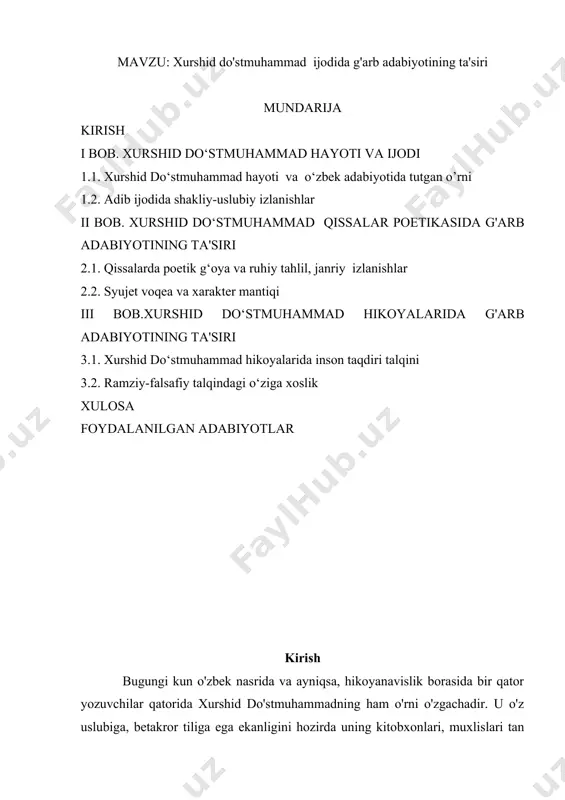 alana olishidadir. yozuvchining asari to'g'risidagi har bir qarash uning so'zni to'g'ri qo'llay olish mahoratidan dalolat beradi. x.do'stmuhammad yaratgan asarlarida to'g'ridan-to'g'ri tasvirga o'tib, ortiqcha tafsilga yo'l bermaydi. o'quvchi ham qisqa satrlarda muallifning maqsadini ilg'ay oladi. bu esa o'quvchini zerikishini oldini oladi. n.g.chernishecskiy ta'kidlaganidek, "...agar asarda tasvirdan ko'ra tavsif cho'zilib ketsa, bu mahorat belgisi emas. aniq, badiiy bunyodkorlik badiiy asar tilining birinchi belgisidir". x.do'stmuhammad ijodida bu yetakchi xususiyat sanaladi. "yozuvchi qahramonlar taqdirini, hayotdagi chigalliklarni shunchaki ifoda etish bilan cheklanmaydi, balki hayotning ma'nosini chaqishga intiladi.". ushbu ta'rif umarali normatov tomonidan p.qodirovga nisbatan bildirilgan bo'lishiga qaramay, u bizning nazarimizda x.do'stmuhammad ijodiga ham taalluqliligi bilan ahamiyatli. sababi, yozuvchi x.do'stmuhammad ijodida ham qahramonlar masalasi shunchaki ifodalanilmaydi. u ramzlar orqali qahramonlarning ruhiy holatini ochishga va bu orqali hayotning ma'nosini chaqishga intiladi. hozirgi kunda majoziy obrazlar lirik hikoyanavislikda o'z o'rniga ega. ana shunday hikoyalarni x.do'stmuhammad ijodida kuzatish mumkin. har qanday yozuvchining ham iste'dodi uning qancha asar yozgani-yu, qancha …