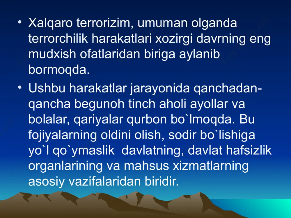 ya qilish mumkin. ular qo`yidagilar: -terrorchilar bilan iloji boricha muloqat qilmaslik, gaplashmaslik (faqat o`qituvchilar va kattalar orqali); -boshqalardan ajralib turiladigan harakatlar, xaqorat so`zlar-umuman, terrorchilarning g`ashiga tegadigan, g`azabini kuzatadigan yoki ahamiyatini tortadigan harakatlar va so`zlarga yo`l qo`ymaslik; -bunday xollarda ishonchli vosita –vaqtini chuzishga harakat qilish, chunki yordam yetib kelishi ma’lum bir vaqt o`tishini talab qiladi. faqat shuni unutmang! bu shartni terrorchilar ham biladi! -sabr va chidam bilan kutish bemor va kichiklarga, hamda qurqoqlarga yordam va dalkda berish, opatish terrorizim xalqaro havsizlikni, davlatlarning suverenitetini va mustahkamligini, hokimyat va davlat organlarining maromida ishlashini ta’minlovchi ijtimoiy munosabatlarga tajovus qiladigan ko`p ob’ektli jinoyatdir. ushbu ijtimoiy munosabatlarning har biri muayan vaziyatda, terrorizimning namoyon bo`lishidagi muayyan holatlarga qarab asosiy bevosita ob’ekt sifatida namoyon bo`lishi mumkin. terrorizim, ob’ektiv tomonidan, davlat, xalqaro tashkilot, jismoniy yoki yuridik shaxsni biron harakat sodir etishga yoki biron harakat sodir etishdan o`zini tiyishga majburlashga, ya’niy muayyan davlar tuzilmalari yoki muayyan mansabdor shaxslarga yoxud soni …