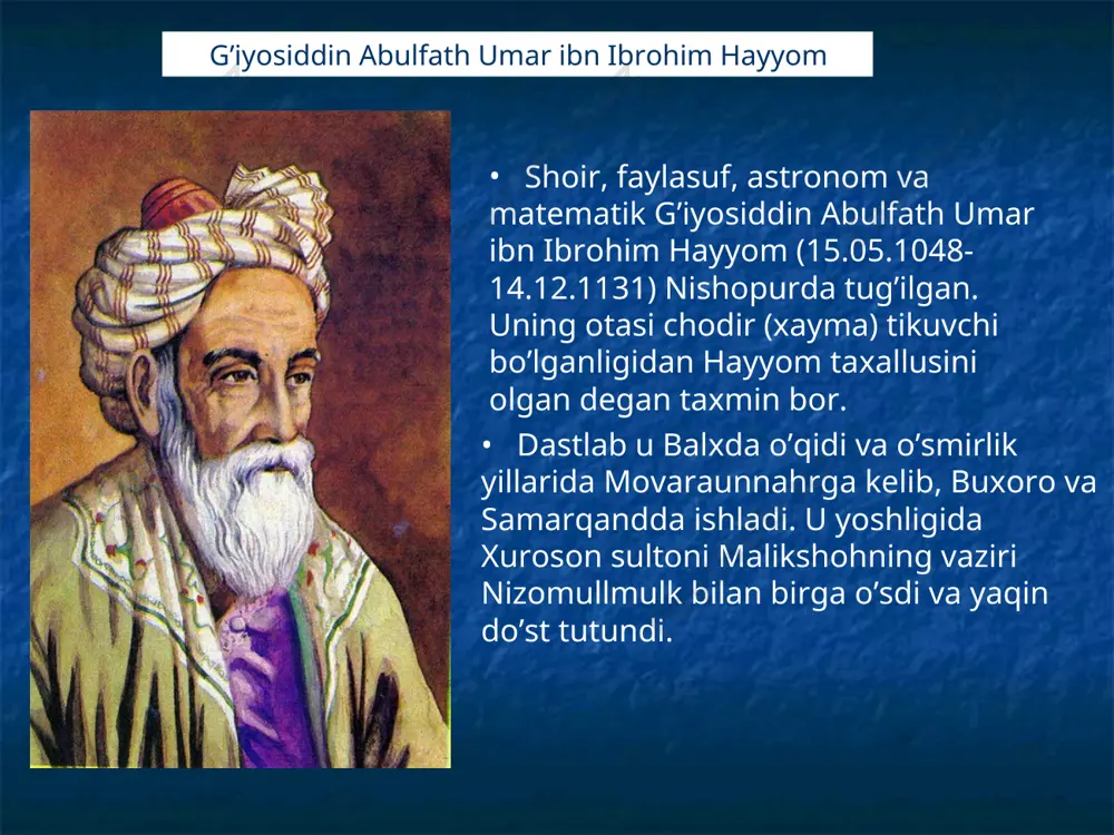 an yuksak aql-idrok farogatini hosil qilishi mumkin». umar hayyom ibn sino falsafiy ta’limotining tarafdori bo‘lgan. ibn sinoning “asxaviya” (“nurlanish”) asarida inson joni o‘limdan keyin ma’dad olamiga qaytadi va u yerda o‘zining qilgan yaxshi va yomon ishlarining ta’sirini va kuch-qudratini his qiladi, deyilgan. ibn sino bu asarida tanasuh ta’limotini tan oladi va insonning ruhiy rivojlanish jarayonida uning muhim o‘rnini ko‘rsatadi. materiya aylanma harakat jarayonida qatnashganday, ruh ham komillik darajasiga ko‘tarilmaguncha, yer va ma’ad olami o‘rtasida, abadiy qaytish jarayonida qatnashadi. bu abadiy qaytish va aylanma harakat girdobidan ruhni faqat komillikka erishish ozod qilishi mumkin. do‘zaxu jannatni kim ko‘rgan, e dil, u dunyo xabarin kim bergan, e dil. qo‘rquv umidimiz shulardan, ammo – nomu nishonasin kim bilgan, e dil. materiya aylanma harakat jarayonida qatnashganday, ruh ham komillik darajasiga ko‘tarilmaguncha, yer va ma’ad olami o‘rtasida, abadiy qaytish jarayonida qatnashadi. bu abadiy qaytish va aylanma harakat girdobidan ruhni faqat komillikka erishish ozod qilishi mumkin. xayyom …