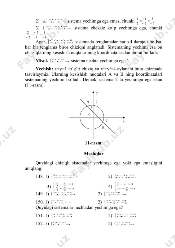 rilgan bo`lsin. bundan x=-2 ni topamiz. bu tenglama shunday nuqtalarning geometrik o`rnini aniqlaydiki, ularning har birining abssissasi x=-2 bo`lib, ordinatasi ixtiyoriy bo`ladi, bunday nuqtalar abssissa o`qidan – 2 ga teng nuqtadan o`tadi va 0y o`qiga parallel bo`lgan to`g`ri chiziq bo`ladi (7-rasm). shunga o`xshash, y – 3=0 tenglama ordinata o`qidan 3 ga teng kes-mani ajratuvchi va 0x o`qiga parallel bo`lgan to`g`ri chiziqni bildiradi (8-rasm). y 4 8-rasm. 9-rasm. 2. ikkinchi darajali noma`lum qatnashgan tenglamani ko`rib chiqamiz. misol. 1) x2-y=0 tenglama uchi koordinatalar boshida va tarmoqlari yuqoriga qaragan parabolani bildiradi (9-rasm). 2) x2+y2=4 tenglama markazi koordinatalar boshida, radiusi r=2 bo`lgan aylanani bildiradi (10-rasm). 10-rasm. 3. agar (1) tenglamaning chap tomoni ko`paytuvchilarga ajralsa, har bir ko`paytuvchini alohida-alohida nolga tenglashtirib, bir nechta chiziqlarni hosil qilamiz. misol. x2-y2=0 yoki (x+y) (x-y)=0 tenglama x+y=0 va x-y=0 to`g`ri chiziqlar juftini aniqlaydi. 1. xususiy holda f(x,y)=0 tenglama bitta yoki bir nechta nuqtalar-dan iborat bo`lgan to`plamni aniqlashi mumkin. misol. …