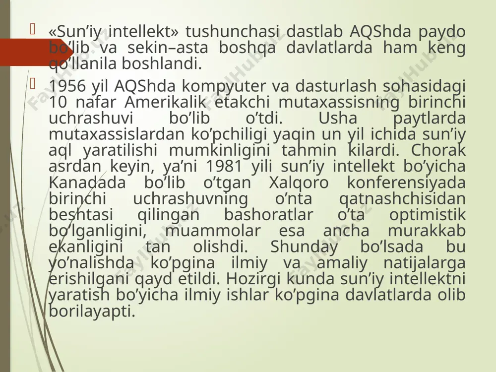 . ekspert tizimlari axborotni mexanik ravishda qayta ishlamasdan, balki mantiqiy xulosalar asosida foydalanuvchi-ekspert bilan muloqatda bo’lib axbotolarni analiz qiladi. ekspert tizimlarini loyhalashda matemetik-dasturlavchilar bilan birgalikda, ekspert tizim qo’lanilishi mumkin bo’lgan barcha soha hodimlari ham faol qatnashadilar. ekpert tizimlarning yechimlarining aniqligi, o’rganilayotgan soha haqidagi barcha bilim ma’lumotlarni chuqur tahlil qilishga bog’liqdir. agar bilimlar va ma’lumotlar ba’zasi yuqori malakali mutaxassislarning bilimlari asosida yaratilsa, ekspert tizimlar obyekt to’risidagi axborotlarni qayta ishlashda mutaxassislardan qolishmaydi. ba’zi bir mavjud ekspert tizimlar fakat bor bilimlar manbaiga tayanmasdan, uni yangi ma’lumotlar bilan to’ldirib, boyitib boradi. ekpert tizimlarini ishlab chiqilayotganda quyidagi talablarga va prinsiplarga rioya kilish kerak. - echimiga (boshqarishda); -katta xajimdagi ma’lumotlarni, talab kiladigan obektlar uchun mo’ljallangan ekspert tizimni loyihalashtirishga; -matematik mantikiy xulosalash mexanizimini bilimlar bazasidan ajratishga; -mantikiy xulosalash mexanizimini soddalashtirishga; -echim va xulosalarni asoslab beradigan ekspert tizimlarini loyihalashga; -bilim va ma’lumotlarni komp’yuter xotirasida saqlashni soddalashtirishga; asosan ekspert tizimlari yordamida formallashmagan, ya’ni anik biron bir formula yordamida, echimini …