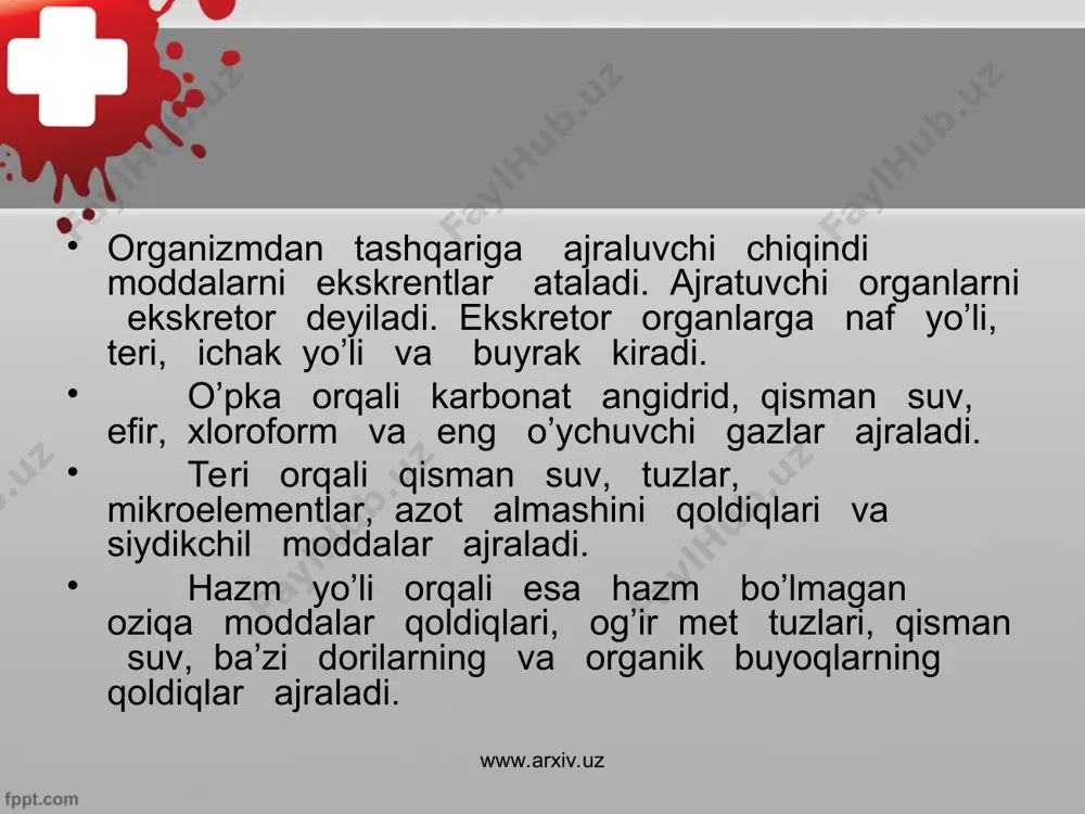 rda 600 ml. ga, 12 yoshli bolalarda esa 1000 ml. ga teng bo’ladi. biroq qovuq butunlay to’lmasdan to’rib siydik chiqarilishi mumkin. www.arxiv.uz www.arxiv.uz www.arxiv.uz www.arxiv.uz xayotni birinchi yili mobaynida siydik ajralish g’ayri ixtiyoriy suratda bo’lsa, keyinchalik esa boshqaruvchi nerv mexanizmlari etilib, tarbiya berilgan sayin siydik chiqariah akti ixtiyoriy bo’lib qoladi. biroq tunda siydikni tuta olmaslik odati ba’zi bolalarda saqlanib qoladi. bu xodisa bola xayotining tug’ri tartibga solinmasligiga: uyqudan oldin ovqat eyishi, ko’p suyuqlik ichish sabab bo’lishi mumkin. tunda siydik tuta olmaslik o’g’il bolalarda qiz bolalardagiga nisbatan ko’prok kuzatiladi va 10 yoshdan keyin yoki balog'atga etish davrida barxam toladi. bolalarda siydik tuta olmaslik kasalini eniurez kasalligi deyiladi. www.arxiv.uz www.arxiv.uz eniurez kasalligi tug’ma yoki xayotda orttirilgan bo’lishi mumkin. xayotga orttirilganlariga sabab ko’pincha buyrakni, qovuqni va siydik yo'llarini shamollashi bilan bog’liq bo’ladi. shuning uchun bolani yo’rgaklaganda, belaganda tagini ho’l bo’lib qolmaslik extiyot choralarini ko’rish zarur. www.arxiv.uz www.arxiv.uz www.arxiv.uz www.arxiv.uz teri – odam tanasini …