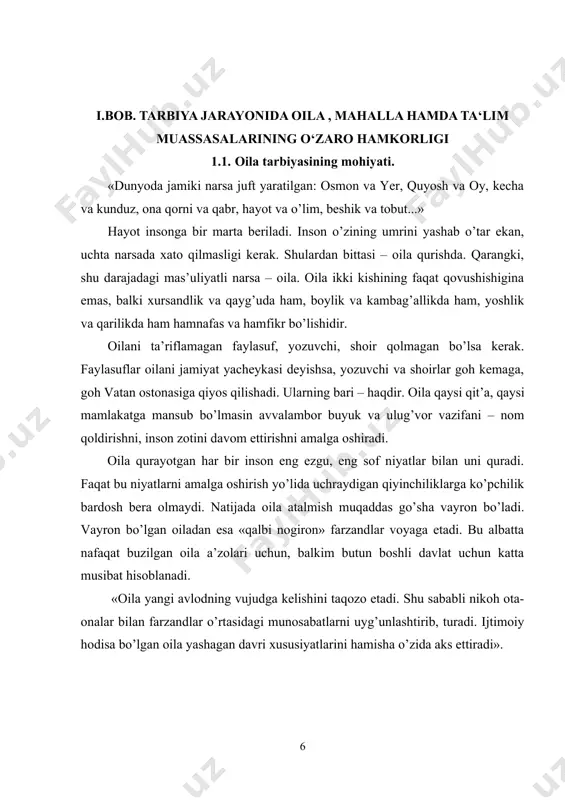 i dedik. bu o’choqda barkamol farzandlar pishib etilishi uchun buyuk davlatimiz, havas qilsa arzigulik prezidentimiz, jonkuyar xalqimiz barcha sharoitlarni yaratib bermoqda. bunga javoban biz ham oz bo’lsada o’z hissamizni qo’shishimiz shart deb o’ylaymiz.bunday boylikga ega bo’lganlarni jamoa boy-badavlat ota-ona, boy-badavlat oila deb tan oladi. bunday oila hech qachon xor bo’lmaydi». inqilobdan oldin, uning dastlabki kunlaridayoq sharqona tarbiyaga yuksak baho berilgan edi. «bolaga muhabbat, bolaga diqqat – e’tiborni rusiyaliklar sharq xalqlaridan o’rganishlari kerakligi» e’tirof etilgan edi. bir qancha rus etnograflarining turkiston xalqlari turmush tarzi, oilaviy munosabatlari, an’analari bilan qiziqishlari tarixdan ma’lum. lekin vaqt o’tishi bilan nimagadir milliy qadriyatlarga bid’at va xurofot deb nom berildi. bizda e’tiborga olinmagan kaykovusning «kobusnomasi», yusuf xos hojibning «qutadg’u bilig», ahmad yugnakiyning «hibbatul haqoyiq»i jahonda tan olindi. navoiy bobomiz, munis xorazmiy, abdulla avloniy, hoji abdullo orif, sa’di sheroziy, mirzo bedil, hamzalar o’z asarlarida o’zbek xalqining o’ziga xos xususiyatlarini ochib berishgan. o’zbeklardagi ota–onaga bo’lgan izzat–hurmat, birodarlarga bo’lgan mehr–shafqat, …