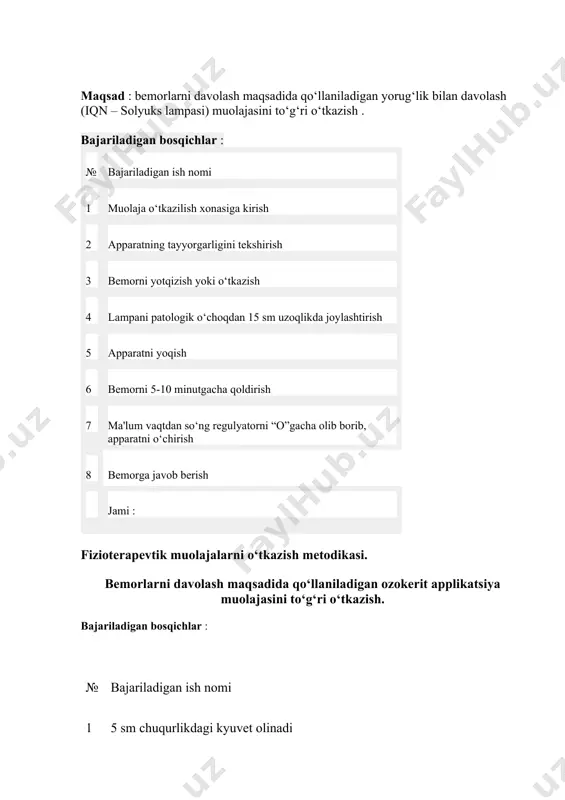ladi 9.muolaja tugagach bemorni turgaziladi. 10. muolajani daftarga qayd etib qoyiladi 11. bemor bir oz dam oladi. yo’riqli texnologik xarita tayyorlov yo’nalishi: hamshiralik ish , feldsher – akusherlik ishi o’quv amaliyoti nomi “fizioterapiya va tibbiy reabilitatsiya asoslari” fani maqsad: bemorlarni davolash maqsadida qo‘llaniladigan elektr uyqu muolajasini to‘g‘ri o‘tkazish. ko`rsatma: majburiy va sust xolatlarda , yotoq yaralarini oldini olsh qarshi ko`rsatma: isitmada , og’ir ruhiy kasallilarda, onkologik kasalliklarda, homiladorlikda elektro uyqu muolajasi № bajariladigan ishlar mazmuni kerakli asbob uskunalar xom- ashyo materiallari rasmlar chizmalar eskizlar ishning bajarish tartibi 1 2 3 4 5 1 bemorga muolaja maqsadi va mohiyati tushuntiriladi bemor roziligi olinadi kerakli asboblar: sochiq –1 ta, funksional krovat – 1 ta, kichik yostiq – 2 ta, elektroforez aparati kerekli xom-ashyolar: suyuq sovun – 1ml, qog‘oz sochiq – 20 sm, qo‘lqop – 1 ta, 0,5% li gipoxlorid natriy eritmasi – 5 l, ta, 1. bemor bilan ishonchli munosabat o‘rnatiladi. 2. …