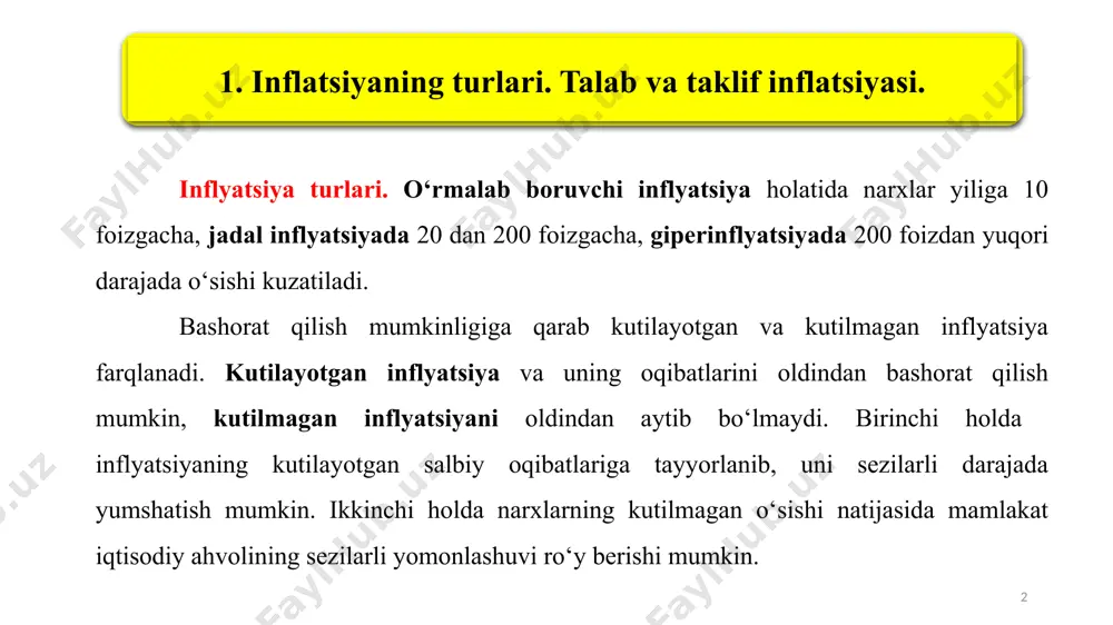 si – ishlab chiqarishdagi sarf xarajatlar oshishi sababli kelib chiqadigan inflyatsiya 6 inflyatsiya ishlab chiqarish xarajatlari va bozordagi taklifning o‘zgarishi natijasida ham kelib chiqishi mumkin. ishlab chiqarish xarajatlarining o‘sishi natijasida kelib chiqadigan inflyatsiya mahsulot birligiga qilinadigan xarajatlarning ko‘payishi hisobiga narxlarning oshishini bildiradi. bu holatni ham rasm orqali ko‘rib chiqamiz (2-rasm). 7 2-rasm. taklif inflyatsiyasi. rasmdan ko‘rinadiki, xarajatlarning o‘sishi natijasida yalpi taklif egri chizig‘ining as1 dan as2 ga qisqarishi mahsulot birligiga to‘g‘ri keluvchi xarajat miqdorini oshirib, narxlarning p1 dan p2 darajaga qadar ko‘tarilishiga, real ishlab chiqarish hajmining esa q1 dan q2 ga qadar qisqarishiga olib keladi. kutilayotgan inflatsiya sharoitida daromad oluvchi inflatsiyaning u olayotgan daromadga ta’sirini kamaytirish, ya’ni real daromadi darajasini saqlab qolish chorasini ko‘radi. bu uchun fisher tenglamasidan foydalanish mumkin: i = r + bu yerda i-nominal foiz stavkasi; r- real foiz stavkasi; - kutilayotgan inflyatsiya darajasi. inflatsiya sur’ati 10 foizdan oshganda fisher tenglamasi quyidagi ko‘rinishni oladi: r = 8 …