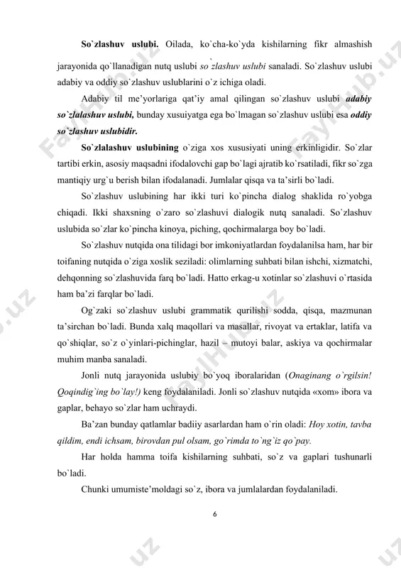 zlаrni tashkil etadi. quyidagi jadvalda keltirilgan adabiy til va shevaga xos so`zlarga e’tibor bering. № toshkent shеvаsida farg‘ona shеvаsida buxoro shеvаsida samarqand shеvаsida xorazm shеvаsida adabiy tilda 1. do‘ppi do‘ppi kalpo‘sh kallapo`sh qalpoq tahya do‘ppi 2. garmdori qalampir qalampir qalamfur qalampir murch aji qalampir 3. chumoli chumalik mo‘rcha mo‘rcha qorinja chumoli 4. narvon shoti narvon narbon narvon zangi narvon 5. mushuk mishiq pishak pishak pishiq mushuk yozuvchilаr bаdiiy аsаrlаrdа qаhrаmоnlаrning qаyеrlik еkаnini, tilidаgi хususiyatlаrni ko‘rsаtish uchun ulаrning nutqidа bа’zаn shеvаgа хоs qo‘shimchа vа so‘zlаrni ishlаtаdilаr. · osilgan kim? · qiyotlik bir go‘ch yigit. nishatamiz, o‘glim,taqdir, - dedi xo`rsinib ona. (j.sh.) xorazm shevasiga xos g`o`ch so`zi “mard, botir” degan ma’noni, nishatamiz so`zi · rasmiy-diplomatik uslub va uning xususiyatlari. · huquqiy qonunchilik va ish yuritish munosabatlari doirasida qo'llaniluvchi nutq uslubi rasmiy uslub hisoblanadi. sof qonunchilik uslubi (qonun, farmon, fuqarolik va jinoiy aktlar, nizomlar uslubi). holatlarda ro'y 2. idoraviy — devonxona uslubi (buyruq, …