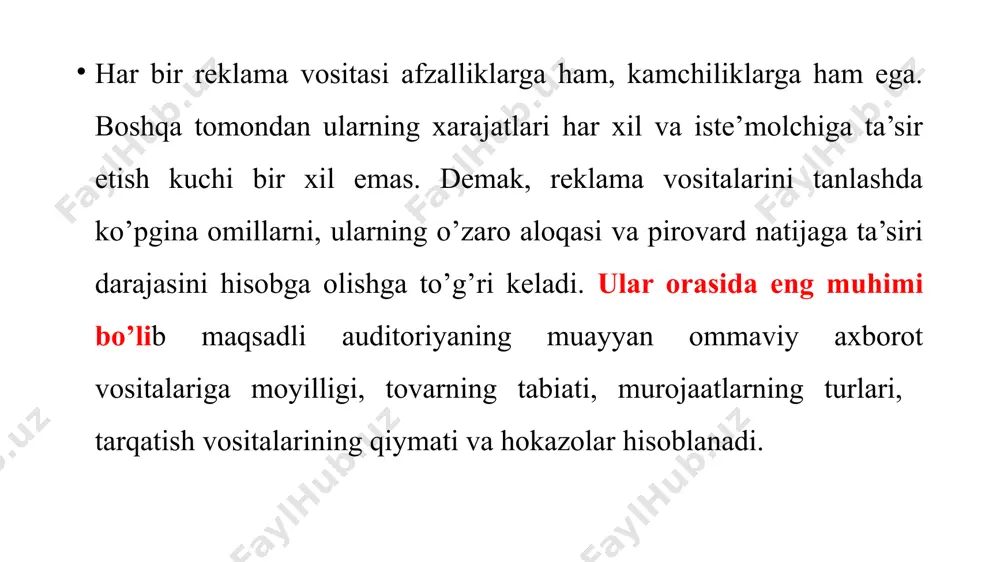 o’lib kataloglar, prospektlar, bukletlar, plakatlar, varaqalar, shuningdek, firma kalendarlari, ish kundaliklari, yozuv kitobchalari va tabel kalendarlar hisoblanadi. audio-vizual reklama kinofilmlar, videofilmlar va slaydfilmlardan iborat. xalq iste’moli tovarlarini reklama qiluvchi, bir necha daqiqa davom etuvchi reklama roliklari ayniqsa keng tarqalgan. syujetlar katta dinamizm va jiddiy vaziyatlar asosida quriladi. ular aholining keng qatlamlariga ko’rsatish uchun mo’ljallangan bo’lib, ko’pincha televidenieda, kamdan-kam hollarda kinoteatrlarda ishlatiladi. radio va telereklama aholini qamrab olish darajasi bo’yicha eng ommaviy va samarali hisoblanadi. shunday qilib, radio-reklama, radio-e’lonlar, radio-roliklar, turli xil radio-jurnallar va radio-reportajlar orqali olib boriladi. televizion reklamaning ta’sir kuchi yuqoriroq va u televizion reklama roliklari, reklama e’lonlari, reklama tele-reportajlari va tele-ko’rsatuvlari, ko’rsatuvlar o’rtasidagi reklama tele-zastavkalari orqali amalga oshiriladi. tele-reklamaning ayon bo’lgan afzalliklari bilan bir qatorda (tezkorlik, auditoriyani ommaviy qamrab olish, qatnashish effekti) u hali ham qimmat bo’lib qolmoqda va uning narxlari o’sish tendensiyasiga ega. ko’rgazmalar va yarmarkalar reklama qilinadigan tovarlarni namoyish etish uchun qulay sharoitlarni namoyon etadi va …
