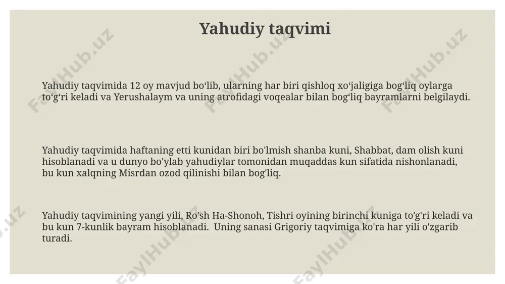 ida theodor gertsl tomonidan zamonaviy siyosiy siyonizm harakati asos solindi, bu isroil davlatini qurish maqsadini belgilab berdi. siyonizm palestina hududida yahudiy muhojirlarining koʻpayishiga va mintaqada murakkab demografik va siyosiy oʻzgarishlarga sabab bo'ldi. tavrot tavrotning eng muhim qismi, yahudiy qonunlari, 613 ta buyruq va taqiqlardan tashkil topgan halakha hisoblanadi, bu qonunlar yahudiy hayotining barcha sohalariga ta'sir ko'rsatadi. tavrot besh kitobdan iborat boʻlib, yahudiy dinining asosiy muqaddas matni hisoblanadi va taxminan 3000 yil avval, miloddan avvalgi 13-12 asrlarda, yaqin sharqdagi falastin hududida yozilgan deb hisoblanadi. tavrotda bayt-el-muqaddas shahrining qurilishi, yahudolarning misrdan chiqishi, va 12 qabilalar haqida hikoyalar bayon etilgan bo'lib, yahudiy xalqining tarixi va diniy an'analarini o'zida mujassam etgan. hozirgi zamon yahudiyligi ortodoks, konservativ va reformist kabi turli yahudiy mazhablari o'rtasidagi farqlar, marosimlarni bajarish, halol ovqatlar va shabbat bayramini nishonlash usullarida sezilarli darajada namoyon bo'ladi. 21-asrda yahudiy jamoalari antisemitizm bilan kurashish, yahudiy madaniyatini saqlab qolish va isroil davlati bilan aloqalarni mustahkamlash kabi …
