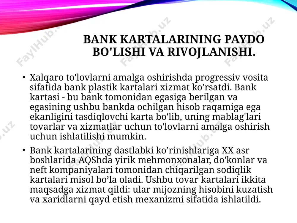 i bilan operatsiyalarni rivojlantirishning muhim davri 1958 yil bo'lib, amerikaning eng yirik bank of america va chase manhattan bank moliyaviy vositachilari operatsiyalarni amalga oshirishni boshladilar. ammo kartalarga xizmat ko'rsatish tarmog'ining rivojlanmaganligi ko'plab banklar uchun muammoga aylandi. 1966 yilda bank of america boshqa banklarga karta operatsiyalarini litsenziyalashni boshladi. bu ko'plab banklarning qarshiligiga duch keldi va bir nechta yirik banklar o'zlarining banklararo kartalar uyushmasini yaratdilar. 1969 yilda ushbu uyushma o'zining master charge kartalarini chiqara boshladi. bank americard kartalarini chiqargan banklar bank of americani karta ma'lumotlari tizimini boshqarishdan voz kechishga majbur qildi. 1970 yilda ular national bank americard incni yaratdilar. shunday qilib, 1970 yillarda aqshda asosiy raqobatchilar bo'lgan ikkita yirik uyushma tuzildi: interbank cards association va national bank americard inc. american express bozorda so‘zsiz yetakchi bo‘lib qoldi va bu yetakchilik bankdan tashqari kartalar bozorida saqlanib qoldi. xorijiy tasnifdagi toʻlov kartalari chiqarilishining boshidanoq bozorning ushbu segmenti ikki turdagi kartalarga boʻlingan: bank kartalari; sayohat va …