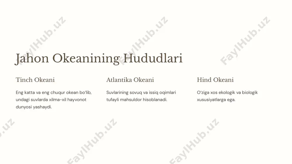 iq moddalar oziq moddalar miqdori komplekslarning xilma-xilligini belgilaydi. geologik omillar geologik omillar komplekslarning shakllanishiga ta'sir qiladi. 8 okean hududlari va zoogeografik komplekslarning bog‘liqligi okean hududlarining mahsuldorligi zoogeografik komplekslarning shakllanishida katta rol o‘ynaydi. yuqori mahsuldor hududlar, oziq moddalar boyligi tufayli ko‘proq baliq turlarini o‘ziga jalb etadi va unda hayvonot dunyosi keng tarqalgan bo‘ladi. masalan, janubiy amerika qirg‘oqlari yaqinidagi okean hududi, yuqori mahsuldorligi tufayli anchagina rang-barang baliq komplekslariga ega. baliq turlari yuqori mahsuldor hududlar ko‘proq baliq turlarini o‘ziga jalb etadi. hayvonot dunyosi yuqori mahsuldor hududlar hayvonot dunyosining keng tarqalganligini ta'minlaydi. 9 iqlim va haroratning ta'siri okean iqlimi va harorat rejimi baliqlarning hayotiy faoliyatiga, tarqalishiga va mahsuldorlik darajasiga katta ta'sir ko‘rsatadi. suv harorati yuqori bo‘lgan hududlar, odatda, ko‘proq fitoplankton va oziq moddalar boyligi bilan ajralib turadi. shuningdek, sovuq hududlarda baliqlar ko‘proq mahsuldor hududlarga ko‘chib o‘tadi. iqlim o‘zgarishi mahsuldorlik darajasiga va baliqlarning tarqalish hududlariga sezilarli ta'sir qilishi mumkin. issiq suvlar ko‘proq fitoplankton va oziq …