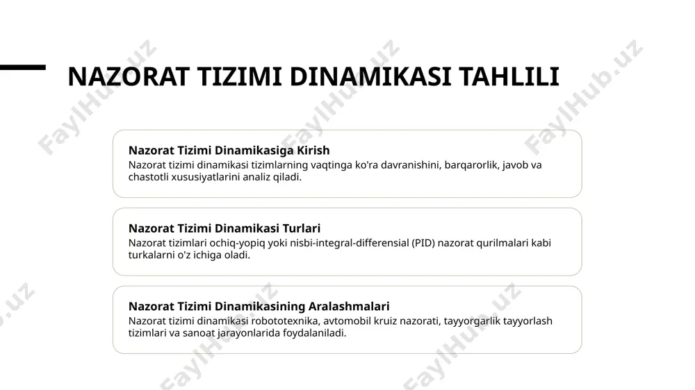 misollar termodinamik boshqaruv tizimlari, transport vositalarida kruiz nazorati va avtomatlashtirilgan suv ta'minoti tizimlari kabi, feedbackning tizimning ishlashini saqlashdagi ahamiyatini namoyon qiladi. raqamli boshqarish sistemalarining afzalliklarini o'rganish 1 2 3 yaxshi aniqlik va to'g'rilik moslashuvchanlik va almashtirishqobilatlik ishonch va saqlanishning oshishi raqamli boshqarish sistemalari jarayonlarga aniq va to'g'ri boshqarish imkonini beradi, xatolarni kamaytiradi va umumiy samaradorlikni oshiradi. raqamli sistemalar o'zgaruvchan sharoitlar va talablarga oson moslashishi mumkin, shuningdek, tez o'zgartirishlar va optimallashtirishlar amalga oshirish uchun. raqamli boshqarish sistemalari ziyon va suyagiga kam ekanligi tufayli, ishlovchi muddatlar va ishonchning oshishi bilan ajralib turadi. analog va raqamli boshqarish sistemalari o'rtasida taqqoslash analog boshqarish sistemalarining xususiyatlari raqamli boshqarish sistemalarining afzalliklari analog boshqarish sistemalarining cheklovlar analog boshqarish sistemalari, o'giruvchi va chiqish uchun doimiy signal ishlatadi, masalan, olovda haroratni boshqarishda. raqamli boshqarish sistemalari katta aniqlik, moslashuvchanlik va amalga oshirishni osonlashtiradi, murakkab algoritmalar va uzoq muddatli monitoring imkoniyatini beradi. analog boshqarish sistemalari shovqin qat'iyati, chegaralanadigan aniqlik va murakkab …