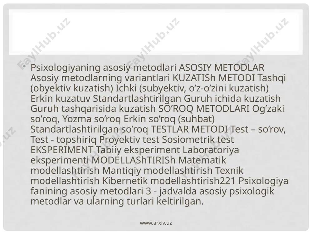 ya fanining eng muhim metodlari: kuzatish, test, so’rov, tajriba, modellashtirish bo’lib, bu metodlar orqali shaxsning turli vaziyatlarda xulqini diagnostika qilish mumkin. hozirgi kunda psixologiya fanida tadbiqiy va amaliy sohalari hamda psixologiyaning maxsus tarmoqlaridan - yosh va pedagogik psixologiya, ijtimoiy psixologiya, iqtisodiy psixologiya, yuridik psixologiya, sanoat va ishlab chiqarish psixologiyasi, boshqaruv psixologiyasi, tibbiyot psixologiyasi, psixodiagnostika va differensial psixologiyalar mavjud bo’lib, ular ijtimoiy hayotning barcha sohalarida keng qo’llanilib kelmoqda. www.arxiv.uz oila va nikox borasidagi tadbiqiy ishlar o’zbekistonda endi shakllanayotgan, lekin nazariy nuqtai nazardan ma’lum an’analarga ega bo’lgan sohadir. 1998 yilning prezidentimiz tomonidan «oila yili» deb e’lon qilinishi joylarda psixologik xizmat o’choqlarining paydo bo’lishiga va u yerlarda psixologik xizmatidan foydalanishni anglashga turtki bo’ldi. shuning uchun respublikamizda oila muamolarini maxsus tadqiq etadigan ilmiy-amaliy “oila” markazi ham tashkil etilganki, bu markazda turli sohaga aloqador mutaxassislar oilani shaxs ijtimoiylashuvining asosiy maskanlaridan biri sifatida o’rganib kelmoqdalar. www.arxiv.uz sanoat va ishlab chiqarish sohasi sanoat va mahsulotlar ishlab chiqarish …