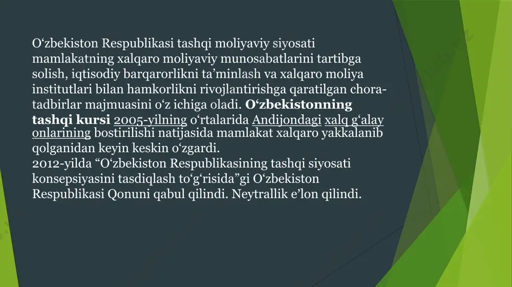 ashqi qarzi holati:o‘zbekistonning davlat tashqi qarzi yalpi ichki mahsulotga nisbatan ma’lum foizni tashkil etadi va bu ko‘rsatkich doimiy ravishda monitoring qilinadi. qarzni boshqarish strategiyasi:davlat qarzini boshqarishda yiliga yangi jalb qilingan tashqi qarz miqdori 4,5 milliard aqsh dollaridan oshib ketmasligini ta’minlash. xulosa: o‘zbekiston respublikasining tashqi siyosati mamlakatning milliy manfaatlarini himoya qilish, xalqaro maydonda o‘z mavqeini mustahkamlash va ko‘p qirrali hamkorlikni rivojlantirishga qaratilgan. ushbu siyosatning asosiy tamoyillari suverenitetni mustahkamlash, tinchlik va xavfsizlikni ta’minlash, xalqaro hamkorlikni kengaytirish va milliy iqtisodiyotni jahon bozoriga integratsiya qilishdir. foydalanilgan adabiyotlar ro’yxati: 1.mavlonov i. r. o‘zbekiston respublikasining tashqi siyosati // mdh mamlakatlarining tashqi siyosati 2.o’zbekiston respublikasining tashqi siyosiy faoliyati konsepsiyasi.toshkent 2012 yil. 3.wikipedia.org (internet nashri). e’tiboringiz uchun raxmat! image1.png image2.jpg /docprops/thumbnail.jpeg
