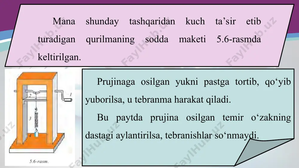 o‘nmas tebranishlar avtotebranishlar deb ataladi. majburiy tebranishlar chastotasi tashqi kuch chastotasi bilan bir xil bo‘ladi. avtotebranishlarning chastotasi va amplitudasi sistemaning shaxsiy xususiyatlari bilan belgilanadi. avtotebranishlar amplitudasi shu tebranishlarni yuzaga keltirgan dastlabki qisqa vaqtli ta’sir (turtki) kattaligiga bog‘liq emas.