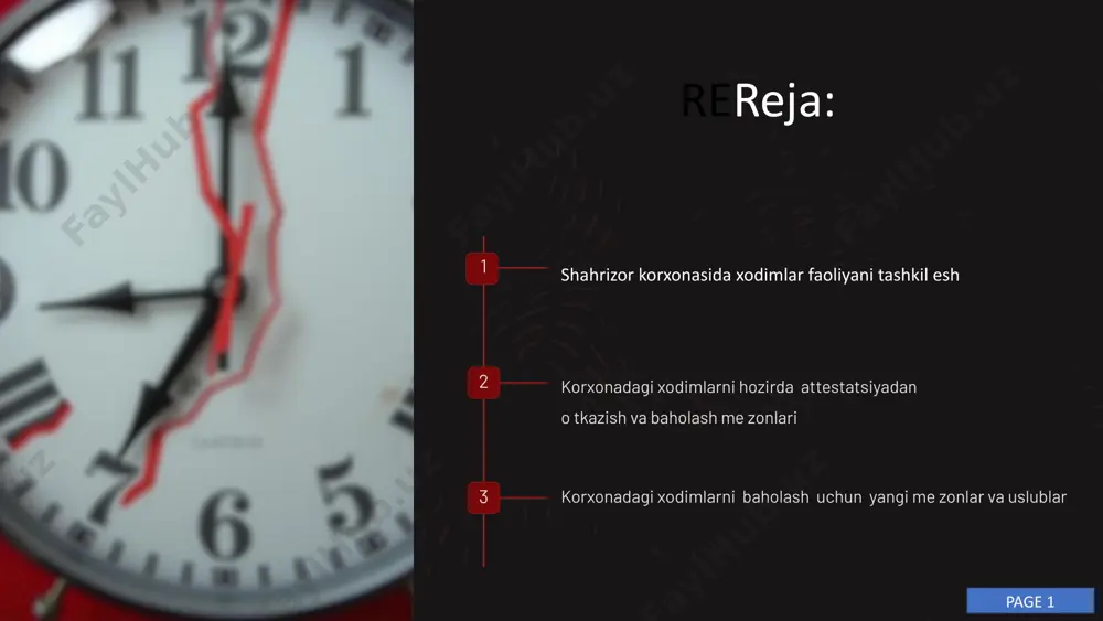 oitlarda ishlaydigan xodimlar uchun o'tkaziladi. page 4 3. attestatsiya natijalari: xodimning malaka darajasi tasdiqlanadi yoki rad etiladi. xodimni qayta tayyorlash yoki boshqa lavozimga o'tkazish bo'yicha tavsiyalar beriladi. korxonaning ichki siyosati va mehnat jarayonlarini yaxshilash choralari belgilanadi. natijalarni ko'rib chiqish: baholash natijalarini tahlil qilish. qarorlar qabul qilish (xodimni lavozimda qoldirish, lavozimni oshirish, qayta o'qitish yoki boshqa tavsiyalar berish). 4. attestatsiya jarayoni 3 bosqichda bo`lib o`tadi : tayyorlov bosqichi: attestatsiya rejasi va grafigini ishlab chiqish. attestatsiya komissiyasini tashkil etish. xodimlarga ma'lumot berish va tayyorgarlik uchun vaqt ajratish. asosiy bosqich: xodimlarning bilim va ko'nikmalarini baholash (yozma testlar, amaliy sinovlar). lavozim vazifalariga muvofiqlikni tekshirish. xodimlarning o'z faoliyati haqidagi fikrlarini tinglash. page 5 mavjud uslub va mezonlarning kamchiliklari mavjud attestatsiya uslublarining eng katta kamchiligi - ularning eskirganligi va xodimlarni haqiqiy qobiliyatlari va potentsiallarini hisobga olmagan holda baholashga asoslanganligi. subyektivlik baholash asosan rahbarlarning subyektiv fikriga asoslanadi, bu esa xatoliklarga va adolatsizlikka olib kelishi mumkin. shaffoflikning yetishmasligi …