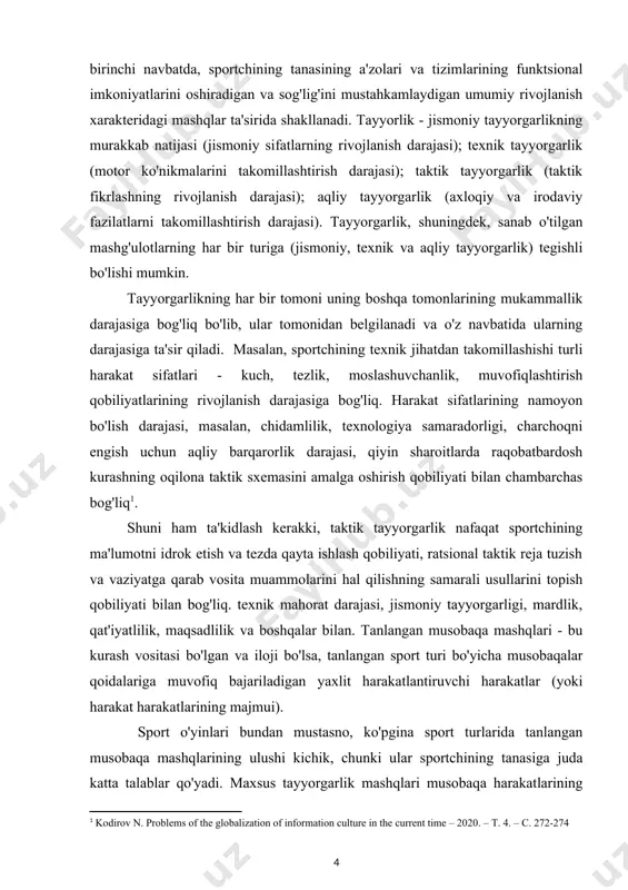 n - o'yin harakatlari va kombinatsiyalar. yana bir misol - musobaqa harakatining shaklini taxminan qayta tiklaydigan mashqlar (chang'ichilar uchun rolikli chang'ida mashqlar, g'avvoslar va gimnastikachilar uchun trambolinda mashqlar va boshqalar)[footnoteref:2]. [2: abdumalikov r., yunusov t.t. va boshqalar. «o‘zbekistonda jismoniy tarbiya taolimining rivojlanishi», metodik tavsiyanoma. t., o‘zdjti nash, 1992. ] maxsus tayyorgarlik mashqlari, ayrim hollarda, ixtisoslik fanida zarur bo'lgan va tegishli ish rejimlarida namoyon bo'ladigan o'ziga xos fazilatlarni oshirishga qaratilgan, turdosh, turdosh sport turlaridan mashqlarni o'z ichiga oladi.maxsus tayyorgarlik mashqlarining tarkibi hal qiluvchi darajada tanlangan sport intizomining o'ziga xosligi bilan belgilanadi. mashqlar jismoniy qobiliyatlarni yaxshilashga va sportchi uchun zarur bo'lganlarni shakllantirishga ko'proq yo'naltirilgan va differentsial ta'sir ko'rsatadigan tarzda yaratiladi va tanlanadi. bu tanlangan sport turidan musobaqa mashqlarini tez-tez takroran bajarish, bo'g'inlarda kuch, tezlik, chidamlilik, harakatchanlikni kerakli darajada yaxshilashga imkon bermasligi bilan izohlanadi, chunki bunga maxsus mashqlar yordamida erishish mumkin. buning sababi, birinchi navbatda, ko'pincha yaxlit shakldagi musobaqa mashg'ulotlarini takrorlash sonini, asosan, …