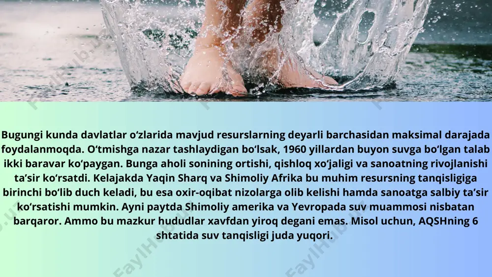 ay qilib, amudaryo va sirdaryo suvidan nooʻrin foydalanish 20 asr oxirida 3 mln dan koʻproq aholi yashaydigan hududda „orol fojiasi“ deb atalgan global ekologik halokatni paydo qildi. ma'llumki, suv sayyoramizning 70% ni tashkil etib, u okeanlar, dengiz, daryo, ko'l va er osti suvlaridan tashkil topgan. sayoramizdagi mavjud suv zahirasining o'rtacha 1% ni ichimlik suvi, qolgan qolgan qismi dengiz va okeanlarning sho'r suvlari tashkil etadi, qaysiki, ular ichishga, o'simlik va hayvonlarni sug'orishga yaramaydi. sedona community church a water drive sedona community church a water drive o‘zbekiston respublikasi prezidentining 2017-yil 25-sentabrdagi pq-3286-son qarori: mamlakatda ekologik vaziyatni yaxshilashga, shu jumladan, suv obyektlarini muhofaza qilish, tabiiy resurslardan oqilona foydalanish, shuningdek, toshqin va sel hodisalarida favqulodda holatlarning oldini olishga alohida e’tibor qaratilmoqda. shu bilan birga yurtimizda 2021 — 2023 yillar davomida suv resurslaridan oqilona foydalanishda muayyan ishlar amalga oshirilgan. xususan, 2021 yilda kommunal kanalizatsiya oqova suv tozalash inshootlaridan yer usti suv obyektlariga tashlanadigan oqova suvlarning …