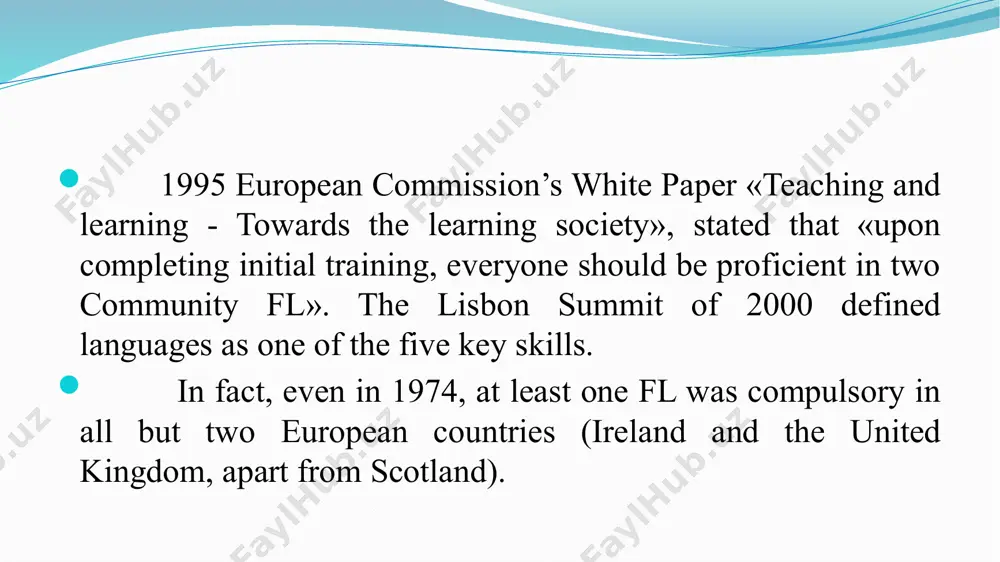 n, italian, dutch). the effort to diversify the offer gained momentum in the 1900s. in practice, however, few schools offer all languages listed in the curricula. significantly, in many countries pupils are not free to choose the first - or sometimes even the second - compulsory fl. in most such cases, english is mandatory. despite the high rate of fl teaching in schools, the number of adults claiming to speak a fl is generally lower than might be expected. this is particularly true of native english speakers: in recent survey, 62% of people can’t speak any other languages apart from english, 38% of britons speak at least one fl, 18% speak two and only 6% of the population speaks three or more. the eu average showed that 56% speak at least one fl, 28% speak at least two and 11% speak three or more. the survey confirmed that english was …
