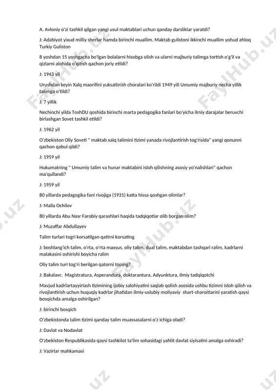 ilgan qatirni korsating j: boshlang'ich talim, o'rta, o'rta maxsus, oliy talim, dual talim, maktabdan tashqari ralim, kadrlarni malakasini oshirishi boyicha ralim oliy talim turi tog'ri berilgan qatorni toping? j: bakalavr, magistratura, asperandura, doktarantura, adyunktura, ilmiy tadqiqotchi mavjud kadrlartayyirlash tizimining ijobiy salohiyatini saqlab qolish asosida ushbu tizimni isloh qilish va rivojlantirish uchun huquqiy kadrlar jihatidan ilmiy-uslubiy moliyaviy shart-sharoitlarini yaratish qaysi bosqichda amalga oshirilgan? j: birinchi bosqich o'zbekistonda talim tizimi qanday talim muassasalarni o'z ichiga oladi? j: davlat va nodavlat o'zbekiston respublikasida qaysi tashkilot ta'lim sohasidagi yahlit davlat siyisatini amalga oshiradi? j: vazirlar mahkamasi konfutsiy g'oyalarining markazida turuvchi asosiy shiori? j: o'zingga ravo ko'fmaganingni birovga ravo korma konfutsi pok insonda nechta hislat bolishi kerakligini uqtiradi? j: 5ta hislat konfutsi talimotida 4chi hislat yani 4chiqoidaning mazmuni nimadan iborat edi j: sog'lom fikr, donolik, oqillik, o'z xatti xarakatlari oqibatini oldindan kora bilish ya. amos komenskiy o'zining amaliy hayotining pedagogik faoliyatining ilmiy asarlarining mazmuni nimadan …
