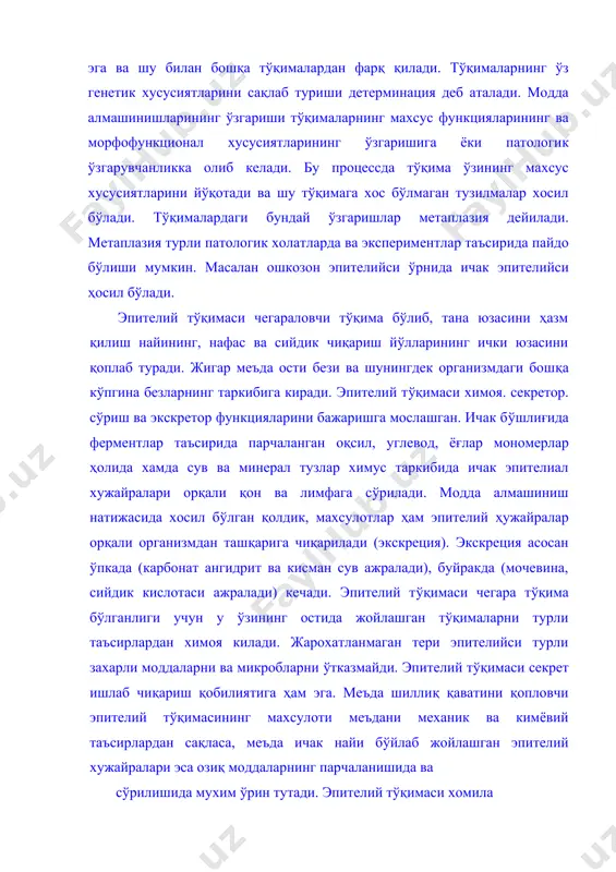 т, хужайралараро модда деярли бўлмайди. 2. эпителий тўқимаси доимо базал мембранада ётади. з. эпителий хужайралари базал мемебранада жойлашганлиги учун улар қутбли дифференциалланиш хусусиятига эга. эпителий хужайраларининг апикал ва базл қисмлари тафовут этилиб, бу қисмлар тузилиши ва функцияси билан бир​биридан фарқ қилади. 4. эпителий тўқимасида қон томирлар бўлмайди, хужайралар базал мембрана орқали бириктирувчи тўқимадан диффуз йўл билан озиқланади. 5 эпителий тўқима юқори даражада қайта тикланиш хусусиятига эга. эпителий келиб чиқиши, тузилиши, функцияси жихатидан бир неча марта классификация қилинган, шулардан кенг тарқалганлари морфофункционал ва филогенетик классификациялардир.филогенетик классификация бўйича эпителий тўқимаси 5 га бўлинади: 1. тери эпителийси 2. ичак эпителийси 3. буйрак эпителийси 4. целомик эпителий 5. эпендимоглиал эпителий терининг эпителий тўқимаси кўп қаватли бўлиб, химоя функциясини бажаради. ичакнинг эпителий тўқимаси бир қаватли бўлиб, химоя ва сўриш функциясини ўтайди. буйракнинг эпителий тўқимаси бир қаватли бўлиб, модда алмашинувида хосил бўлган организм учун керак бўлмаган охирги махсулотларнинг чиқарилишида иштирок этади. целомик эпителиал тўқима сероз бўшлиқларини …