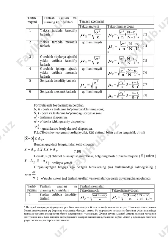 ada bosh to’plamga nisbatan sifatli mahsulotlarning salmog’ini sun’iy ko’paytirish natijasida muntazam xato hosil bo’ladi. statistikada tanlanmaning reprezentativligini ta’minlaydigan turlicha tanlash usullari mavjud bo’lib, ular avvalo individual va seriyalab (yoki guruhlab) tanlashga bo’linadi. individual tanlashda bosh to’plamdan birliklar alohida-alohida, seriyalab tanlashda esa ular seriyasi (guruhi) bilan olinadi. bundan tashqari, tanlash usullari bosh to’plamdan birliklarini (seriyalarini) tanlab olish printsiplariga qarab tasodifiy, mexanik va kombinatsion tanlashlarga bo’linadi. bosh to’plam-bu o’rganiladigan ko’p hajmli birliklar majmuasidir. tanlanma to’plam yoki qisqacha tanlanma - bosh to’plamdan kuzatish uchun tanlab olingan birliklar yig’indisi. reprezentativlik xatosi- tanlanma umumlashtiruvchi ko’rsatkichlari bilan bosh to’plamning huddi shunday parametrlari orasidagi farq (tafovut). bosh to’plamdan birliklar tasodifiy ravishda olinib tanlanma tuzilsa, u tasodifiy tanlash deyiladi. tasodifiy tanlash takrorlanuvchi yoki takrorlanmaydigan sxemalarda o’tkazilishi mumkin. agar tanlab olingan birlik (yoki seriya) tanlanmaga kiritilganidan (ya’ni zaruriy ma’lumotlar yozib olinganidan) keyin yana bosh to’plamga qaytarilsa va bundan keyingi tanlash jarayonlarida teng huquqda qatnashsa, tanlash tartibi takrorlanuvchi deb ataladi, …